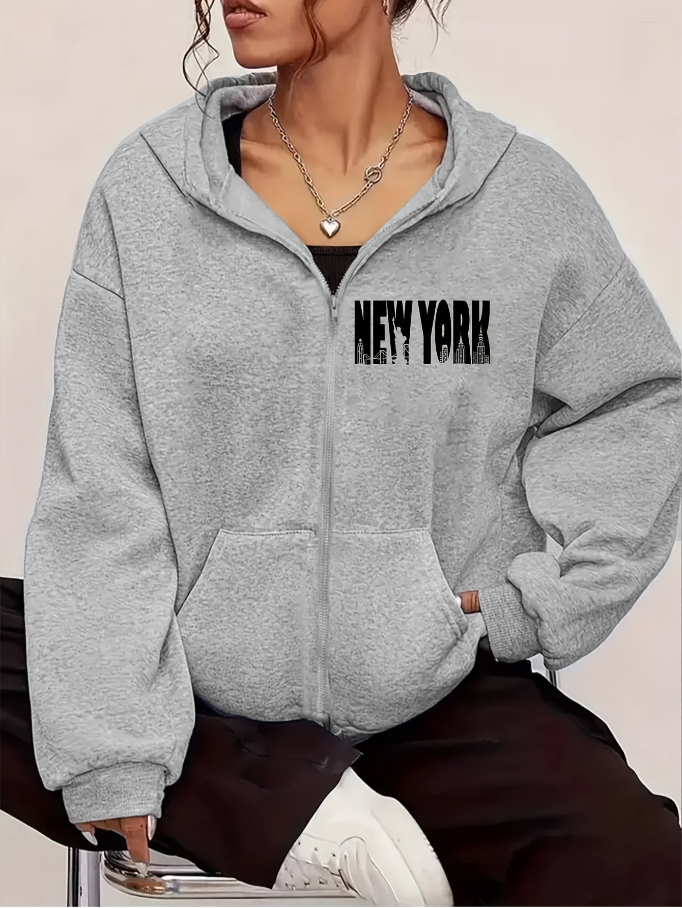 New York Art Letter Print - Y2K Casual Style Zip-Up Hoodie - Fashionable and Comfortable Zip Jacket, Suitable for All Seasons Casual Sportswear, Fashionable Casual Jacket | Comfortable Fabric   OAXG Grey / S