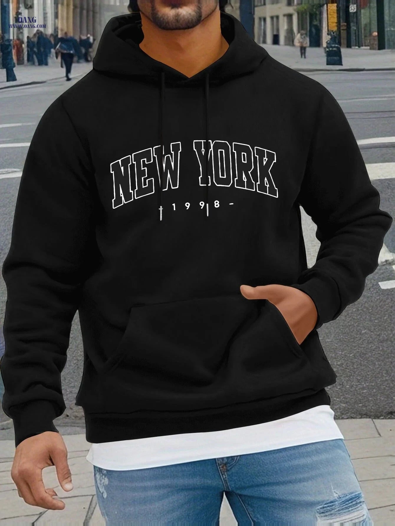 NEW YORK Geometric Print Hoodie - Cozy Men's Casual Sweatshirt   OAXG 