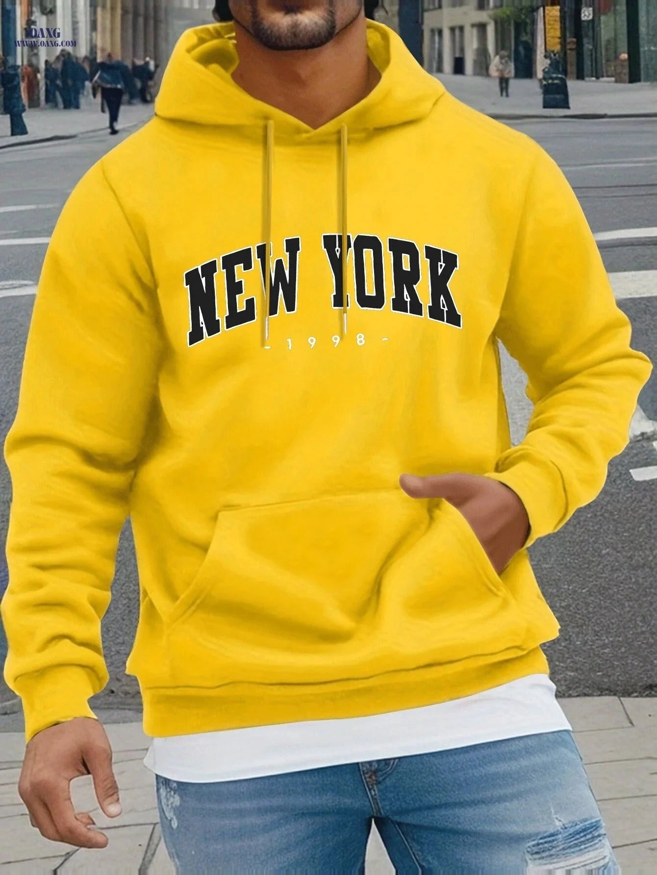NEW YORK Geometric Print Hoodie - Cozy Men's Casual Sweatshirt   OAXG 