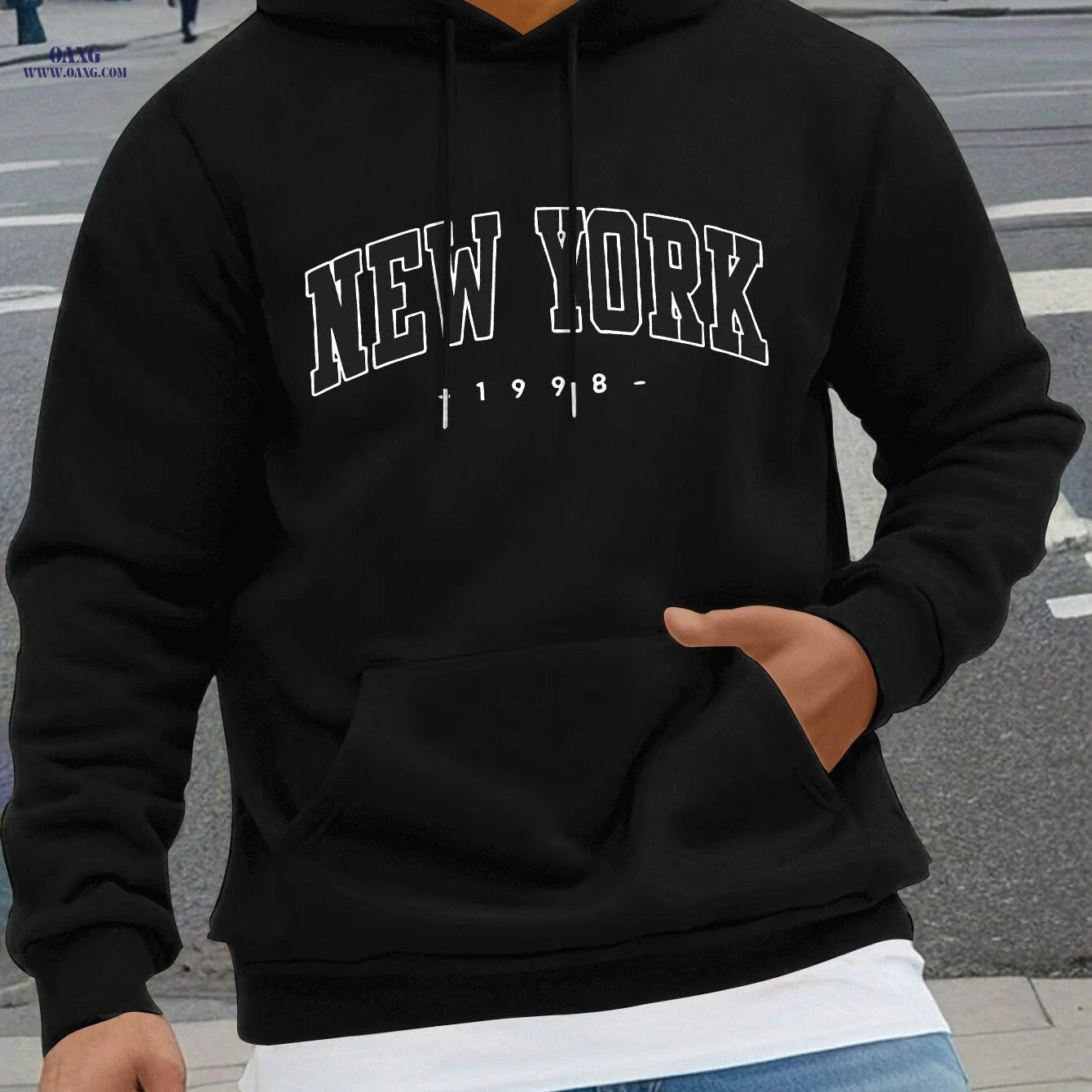 NEW YORK Geometric Print Hoodie - Cozy Men's Casual Sweatshirt   OAXG 
