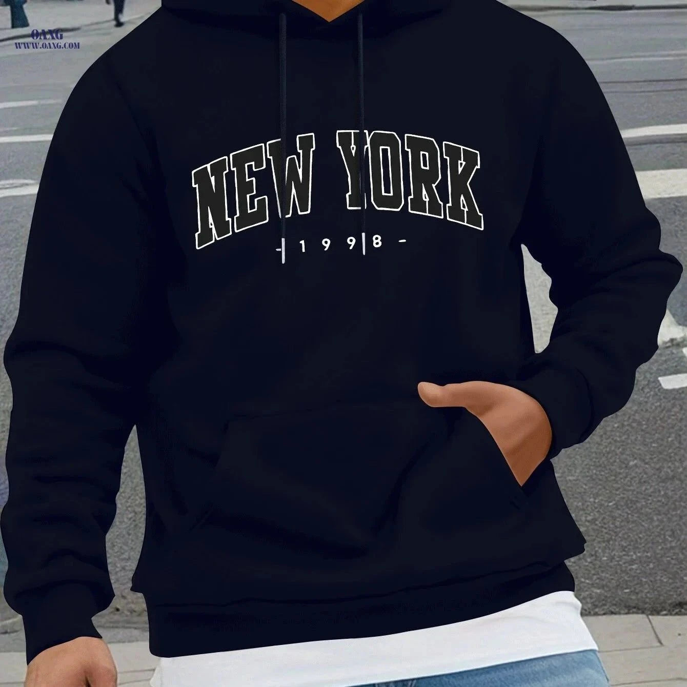 NEW YORK Geometric Print Hoodie - Cozy Men's Casual Sweatshirt   OAXG Black / FR S
