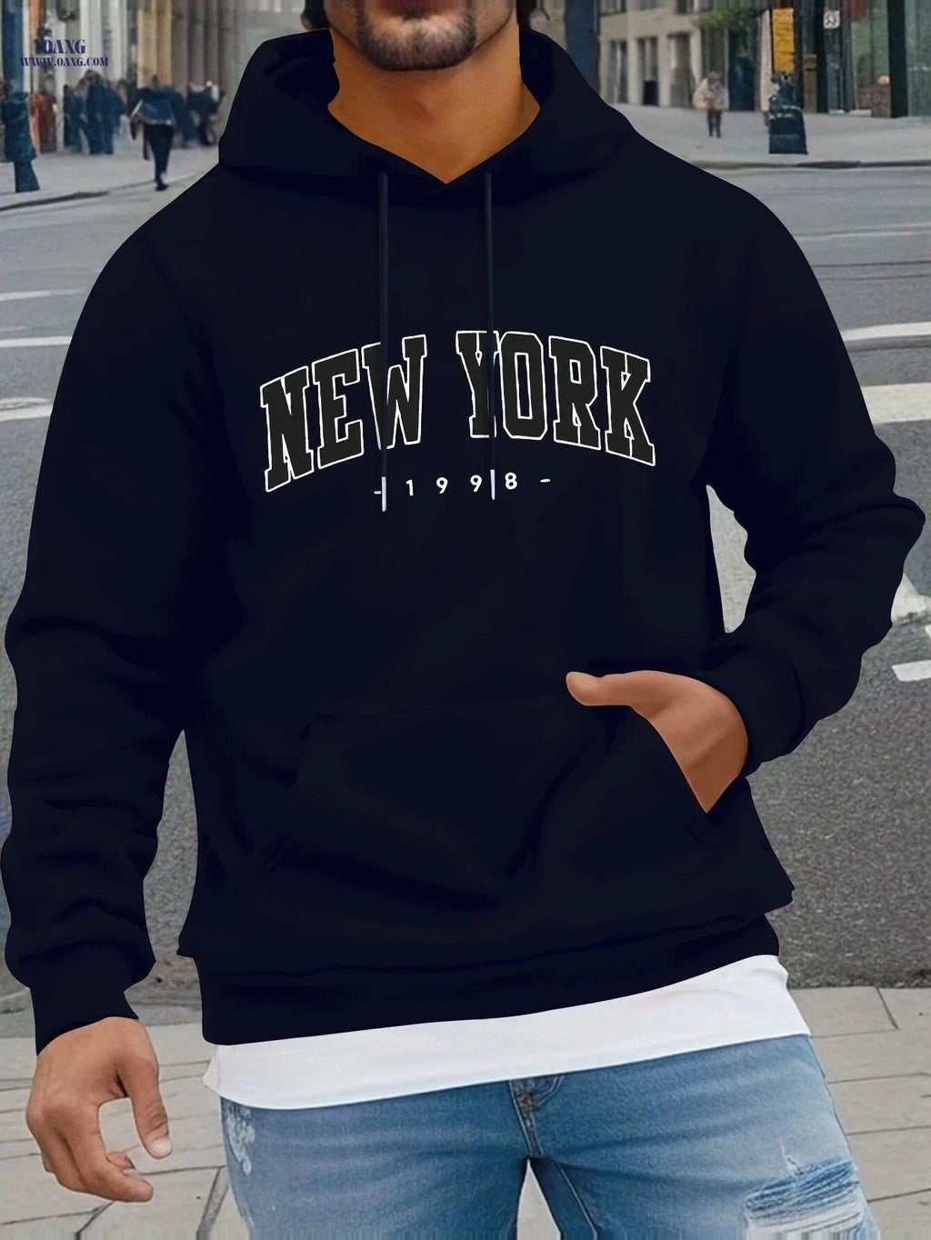 NEW YORK Geometric Print Hoodie - Cozy Men's Casual Sweatshirt   OAXG 