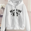 New York Letter Print Women's Casual -Lined Pocket Drawstring Zip-Up Versatile Autumn/Winter Sports Sweatshirt Jacket   OAXG White / S