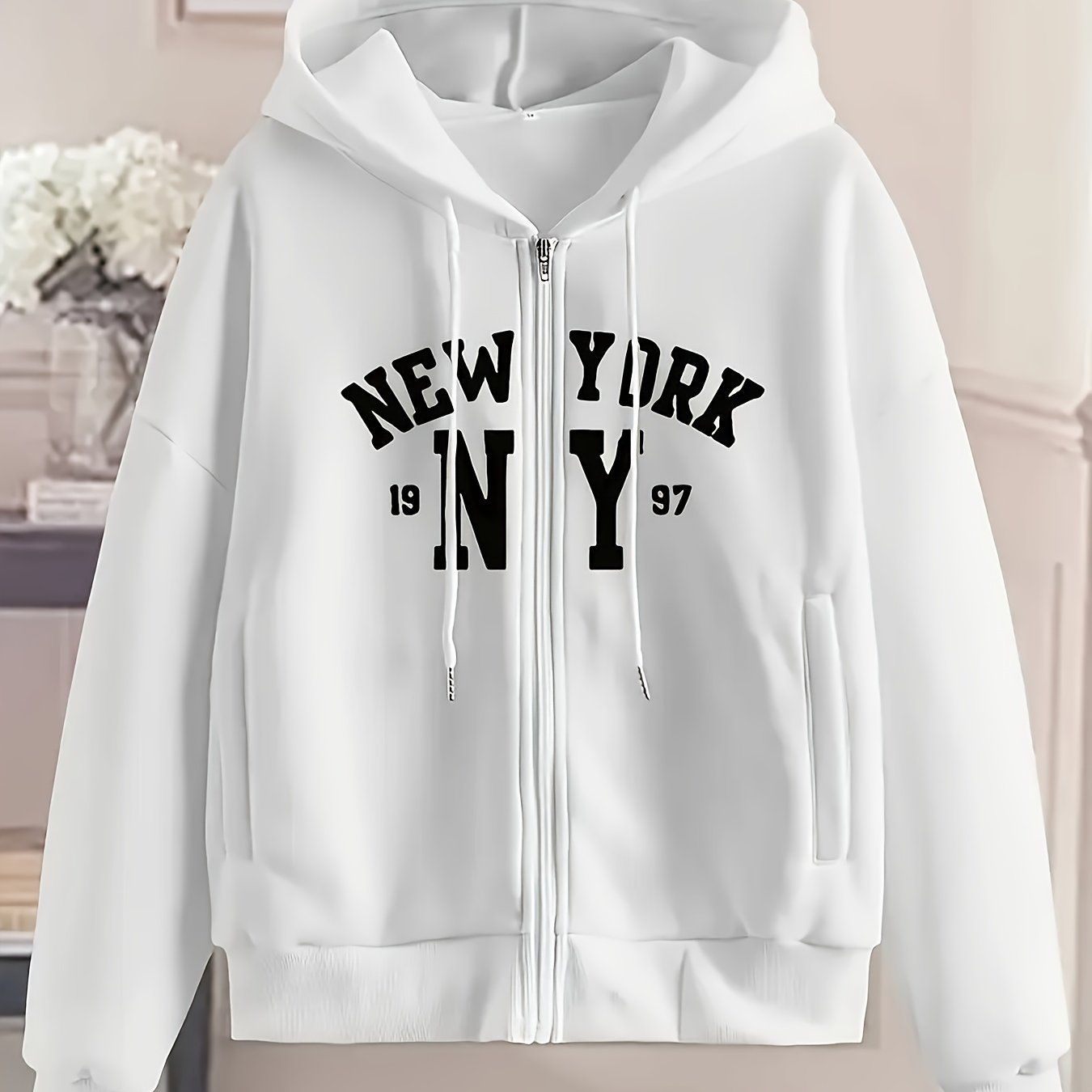 New York Letter Print Women's Casual -Lined Pocket Drawstring Zip-Up Versatile Autumn/Winter Sports Sweatshirt Jacket   OAXG White / S