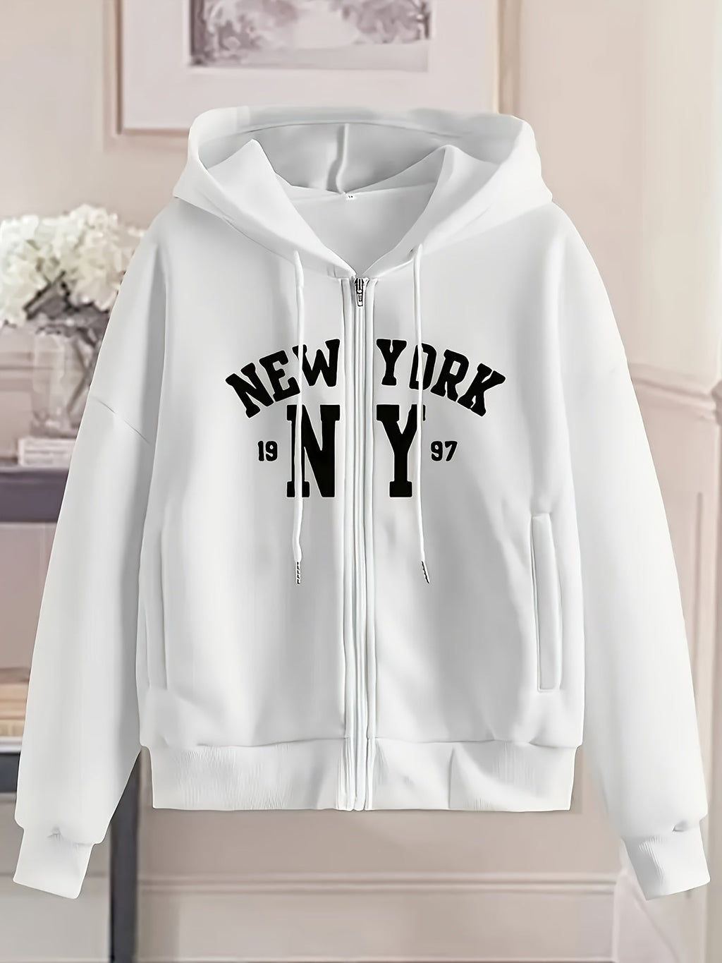 New York Letter Print Women's Casual -Lined Pocket Drawstring Zip-Up Versatile Autumn/Winter Sports Sweatshirt Jacket   OAXG White / S