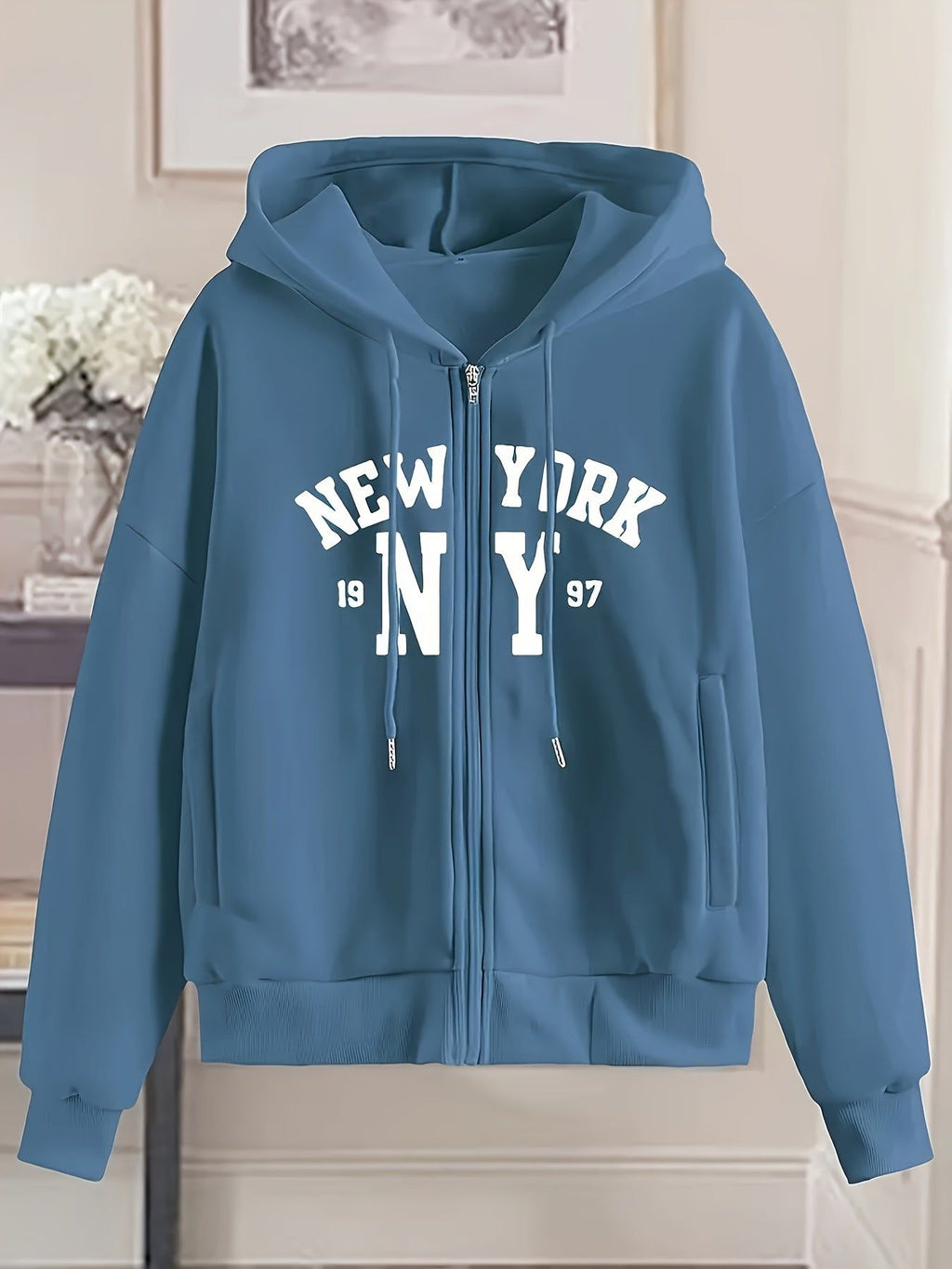 New York Letter Print Women's Casual -Lined Pocket Drawstring Zip-Up Versatile Autumn/Winter Sports Sweatshirt Jacket   OAXG White / S