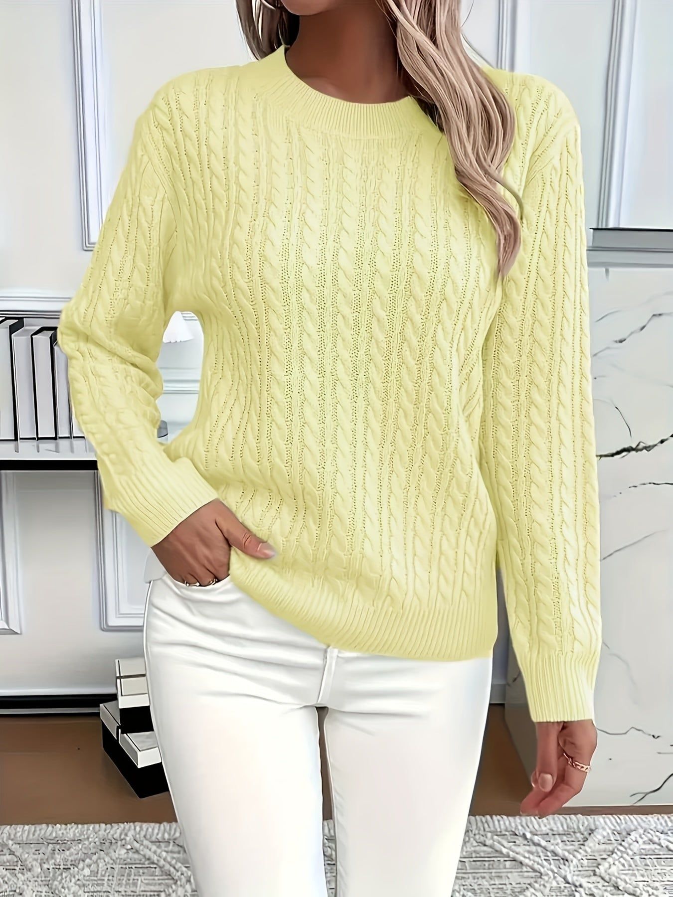 Niannian Women's Elegant Solid Color Round Neck Sweater - Turquoise All-Season Layering Essential, Soft Durable Fabric, Versatile for Casual & Formal Outfits, Cute Sweater, Formal Outfit Accessory, Sophisticated Style, Comfortable Fit, Casual
