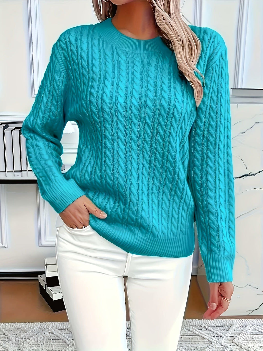 Niannian Women's Elegant Solid Color Round Neck Sweater - Turquoise All-Season Layering Essential, Soft Durable Fabric, Versatile for Casual & Formal Outfits, Cute Sweater, Formal Outfit Accessory, Sophisticated Style, Comfortable Fit, Casual
