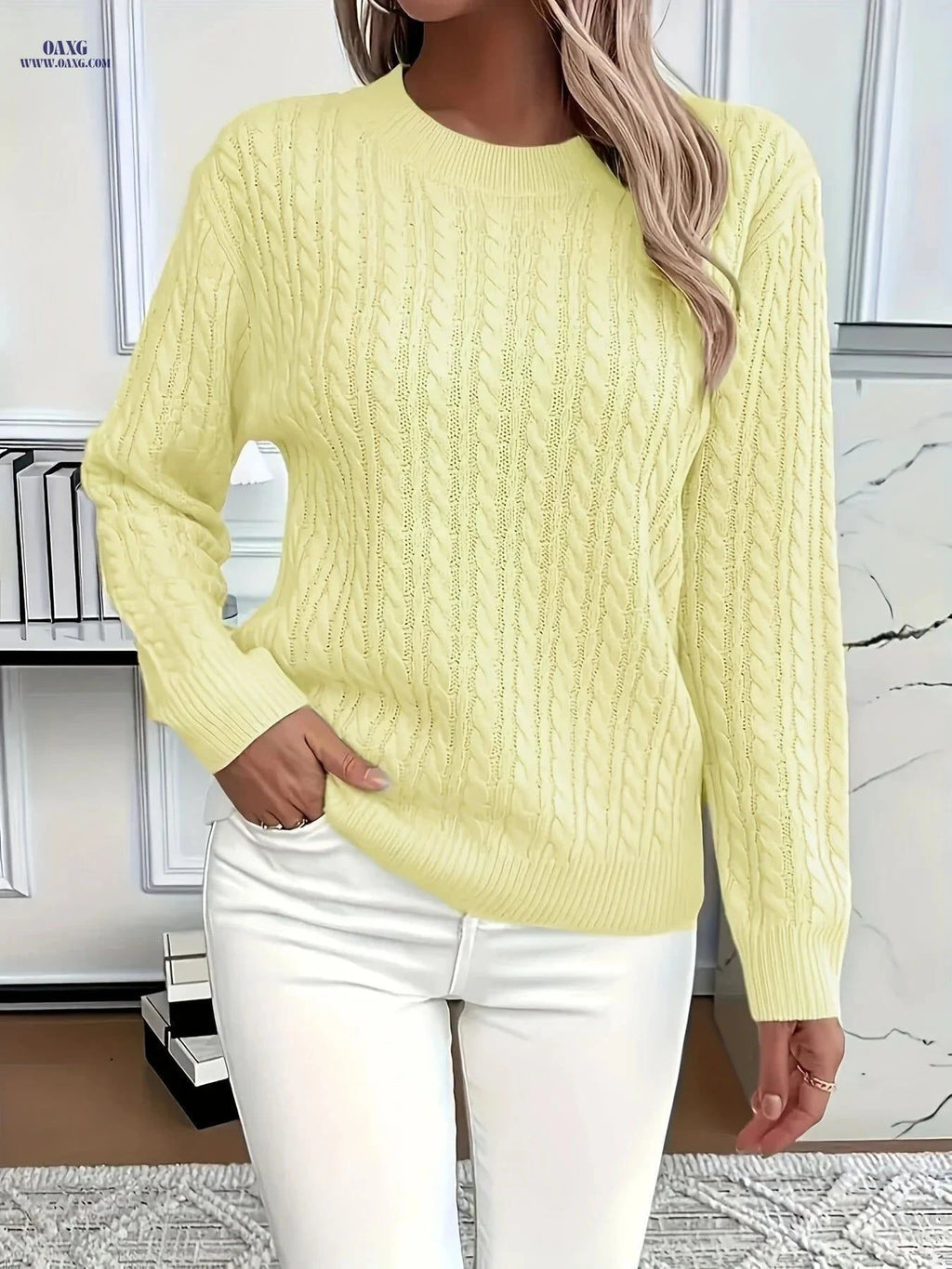 Niannian Women's Turquoise Round Neck Sweater - Elegant All-Season Style   OAXG Sky Blue / XS