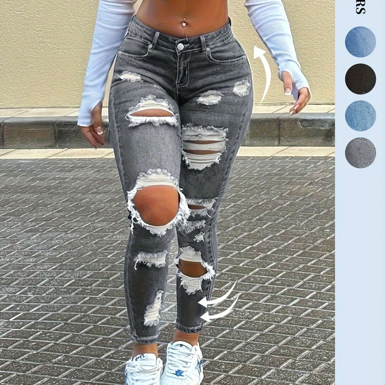 NVFelix Women's High-Waisted Ripped Skinny Jeans - Comfortable Fit   OAXG Grey / XS