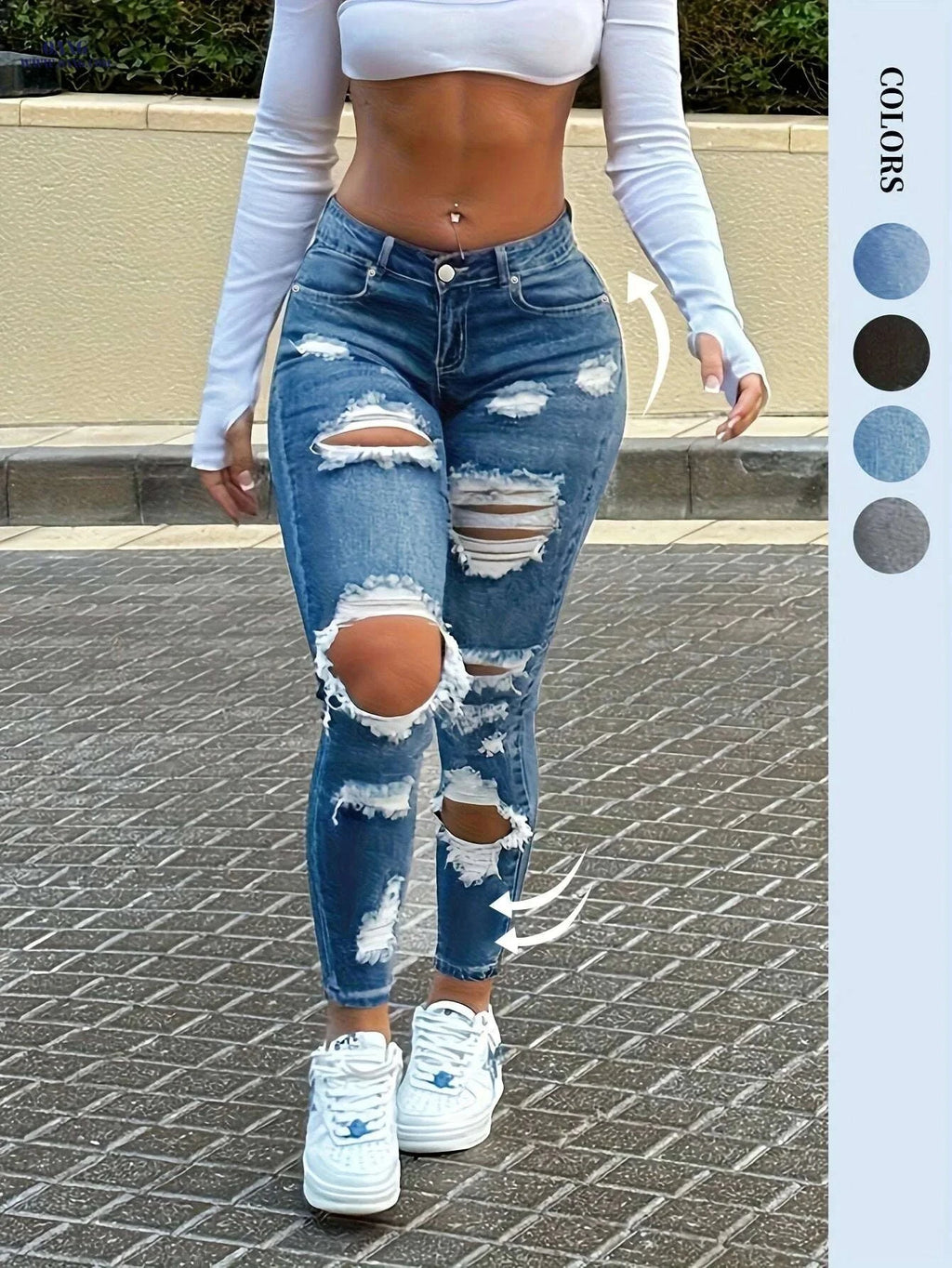 NVFelix Women's High-Waisted Ripped Skinny Jeans - Comfortable Fit   OAXG Grey / XS