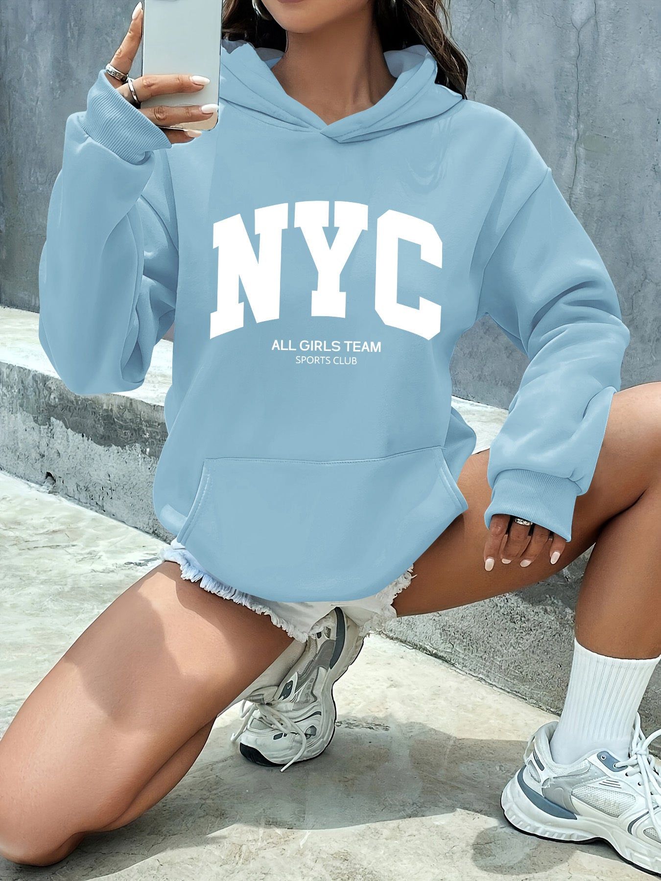 NYC Women's -Lined Thickened Hooded Sweatshirt, Daily Comfortable Versatile Kangaroo Pocket Hand-Warming Casual Top   OAXG Sky Blue / S