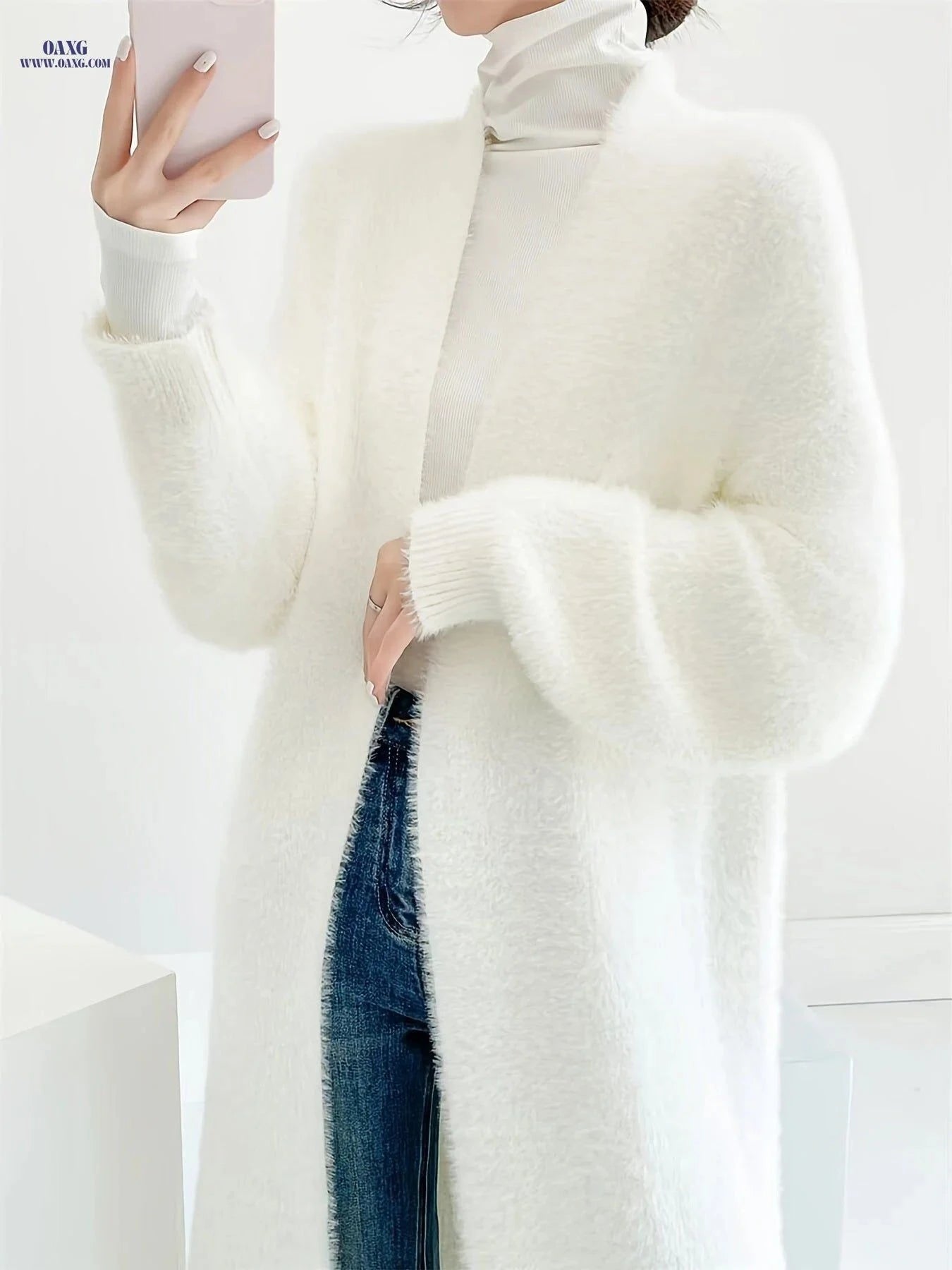 OAXG 2025 Faux Mink Cardigan - Oversized Long White Sweater Coat   OAXG White / Asian One-size