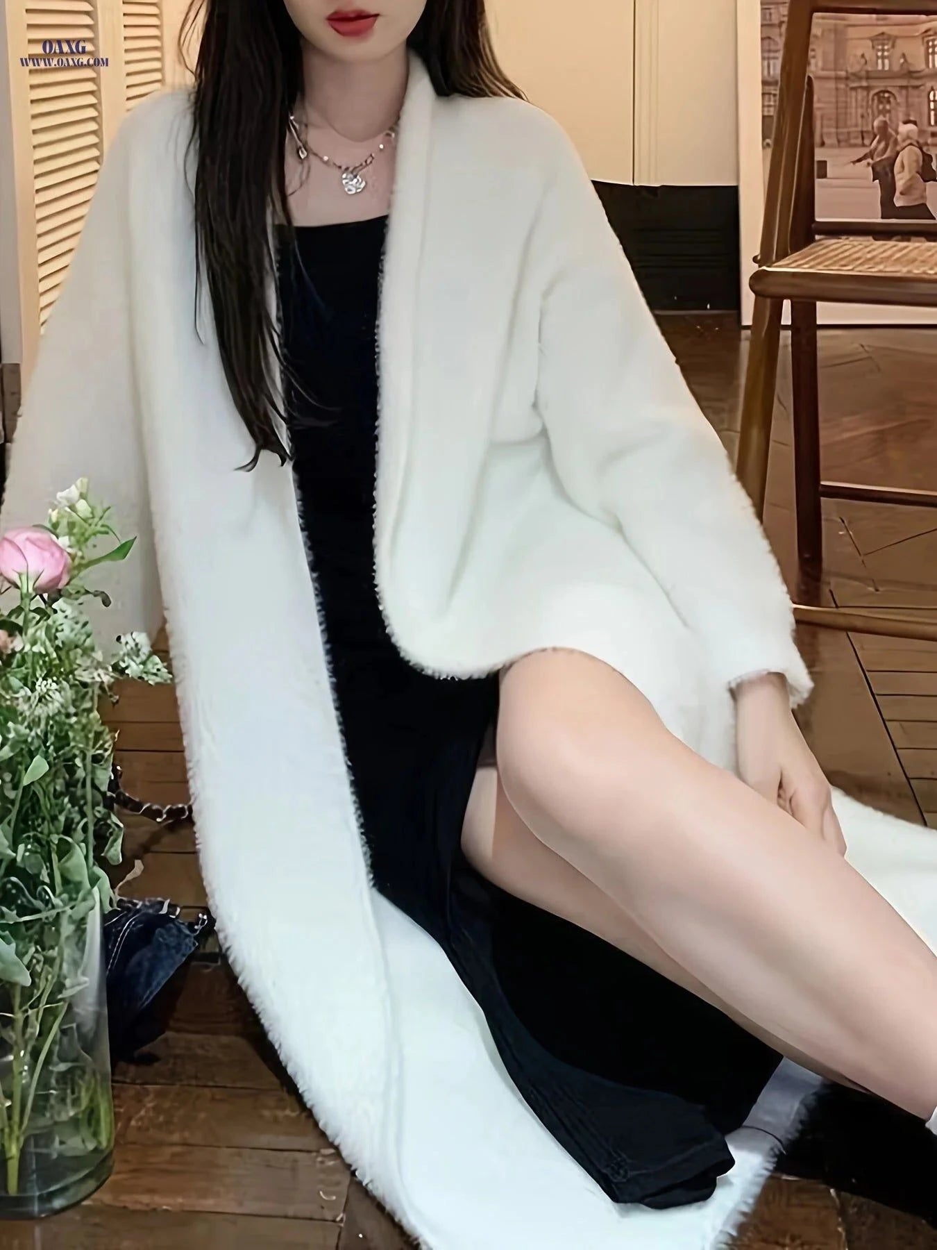 OAXG 2025 Faux Mink Cardigan - Oversized Long White Sweater Coat   OAXG White / Asian One-size