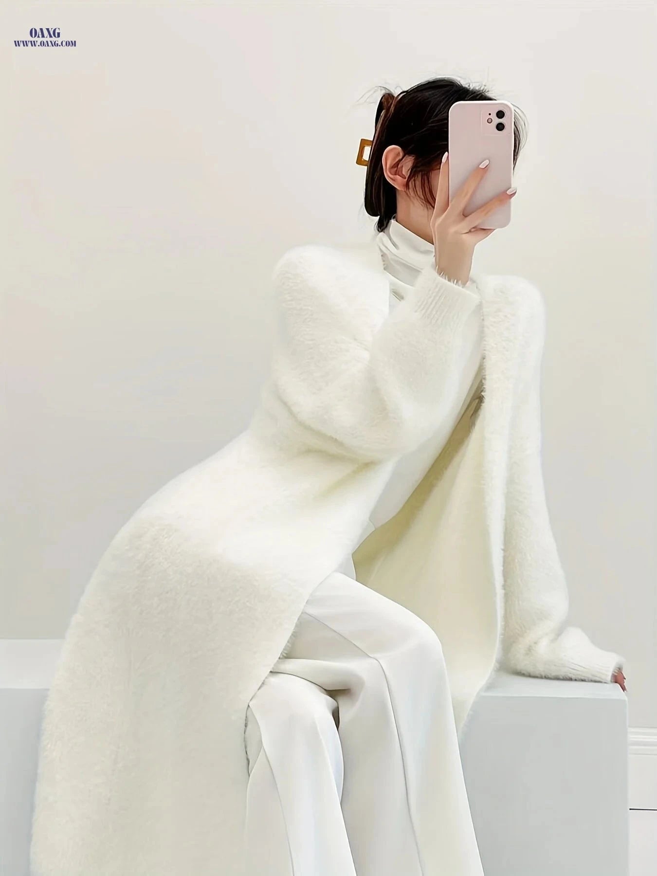 OAXG 2025 Faux Mink Cardigan - Oversized Long White Sweater Coat   OAXG White / Asian One-size