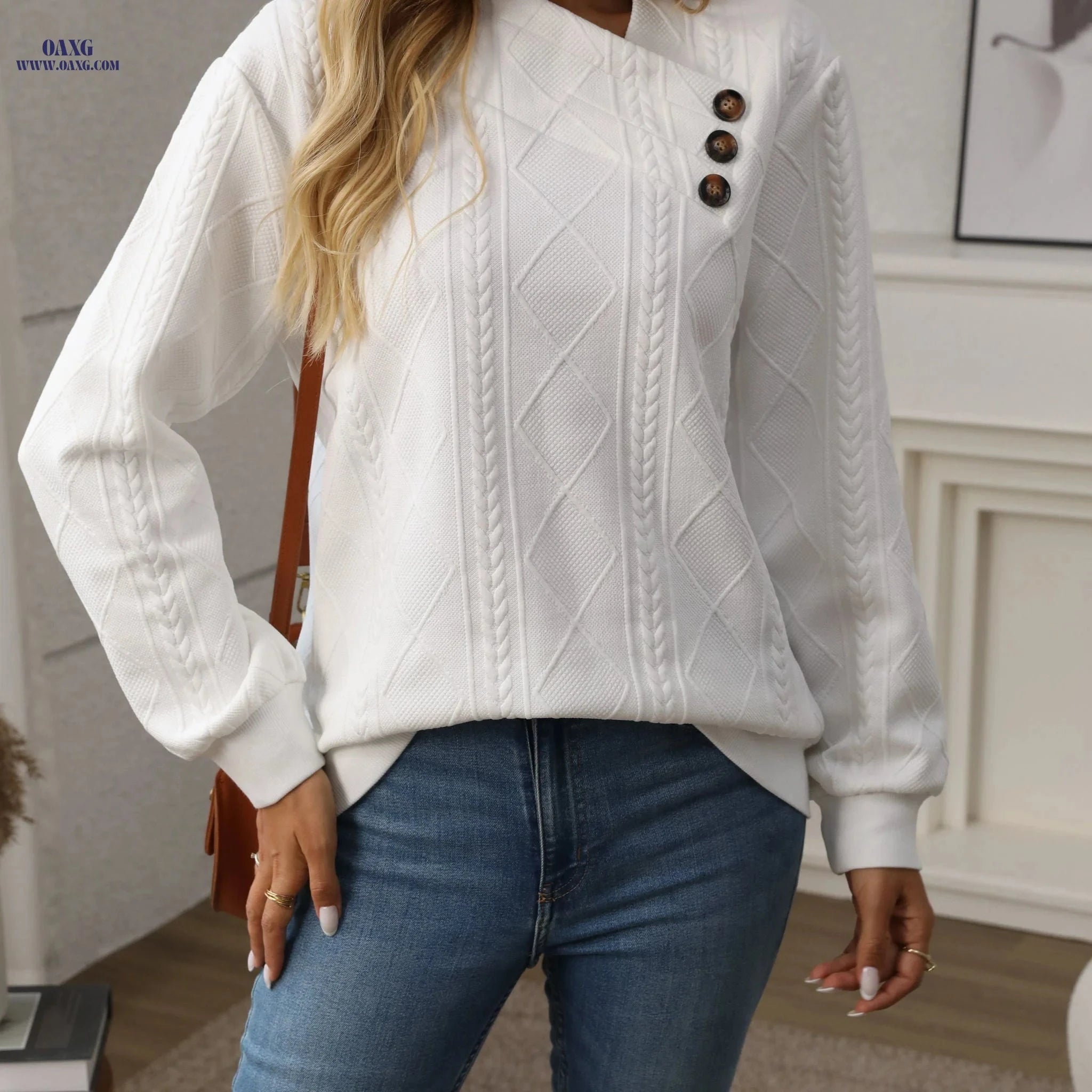 OAXG Asymmetric Button-Up Sweatshirt - Geometric V-neck Design   OAXG 