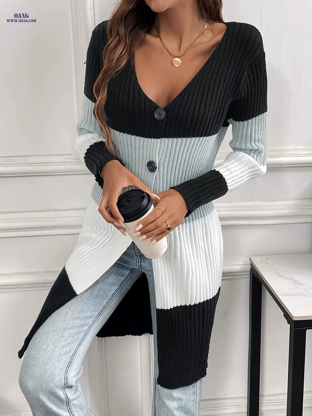 OAXG Autumn Winter Cardigan - Elegant V-Neck Open Front Sweater   OAXG Mixed colors / S