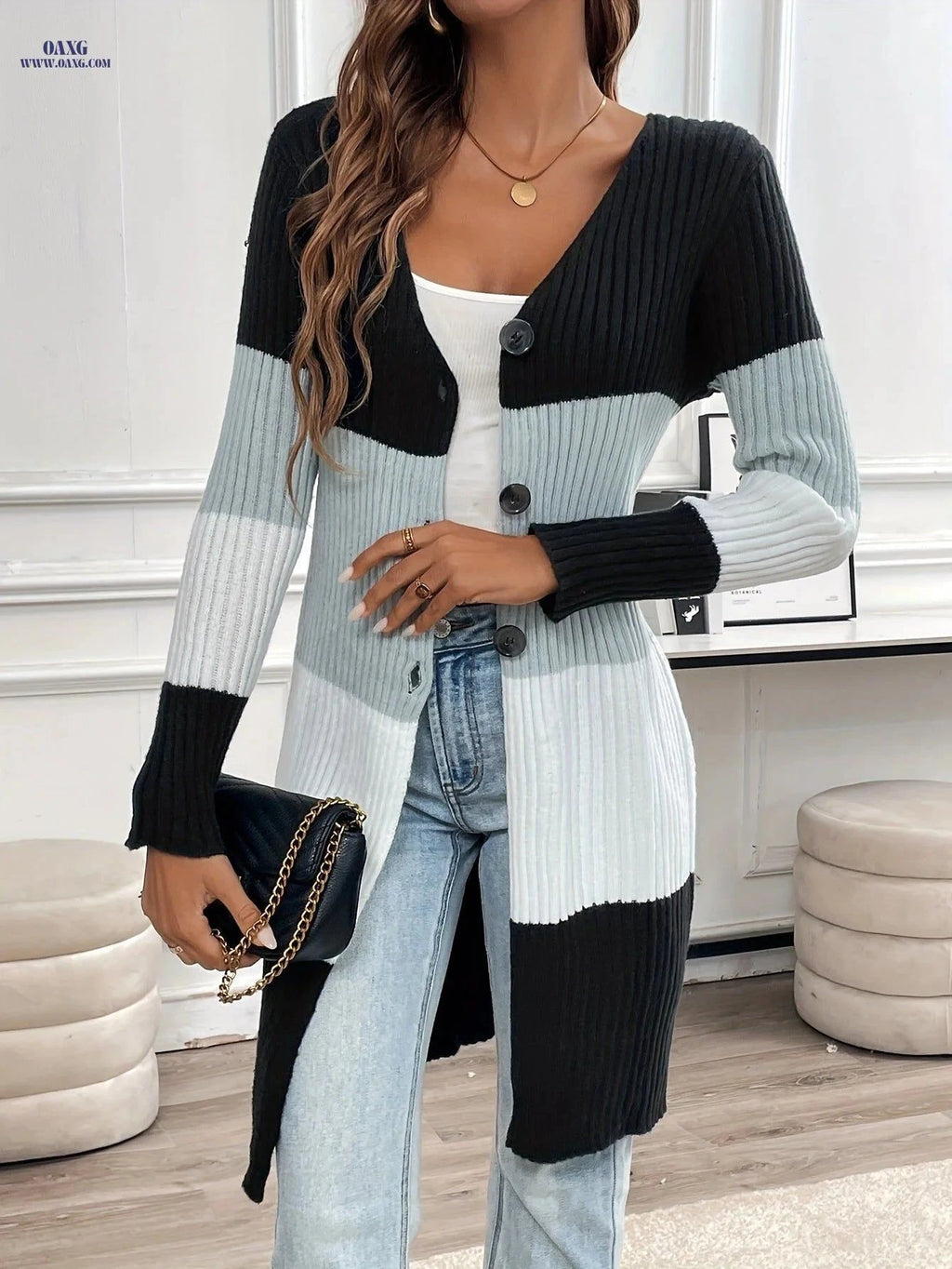 OAXG Autumn Winter Cardigan - Elegant V-Neck Open Front Sweater   OAXG Mixed colors / S