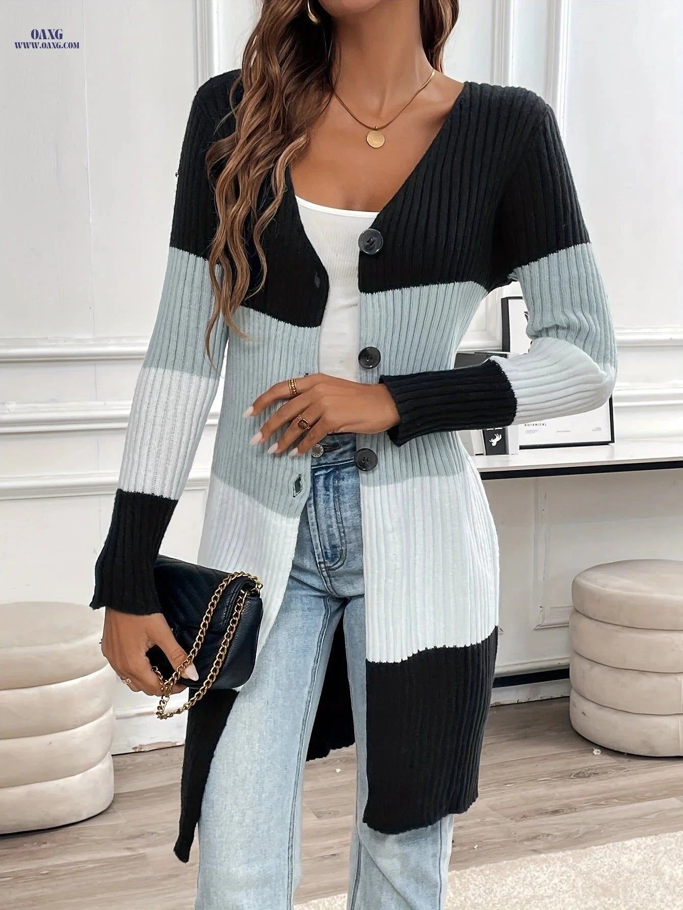 OAXG Autumn Winter Cardigan - Elegant V-Neck Open Front Sweater   OAXG Mixed colors / S
