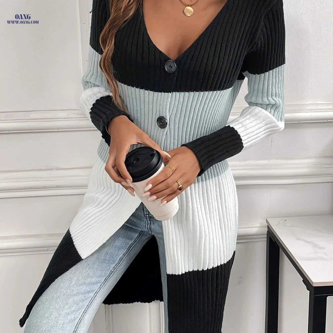 OAXG Autumn Winter Cardigan - Elegant V-Neck Open Front Sweater   OAXG Mixed colors / S