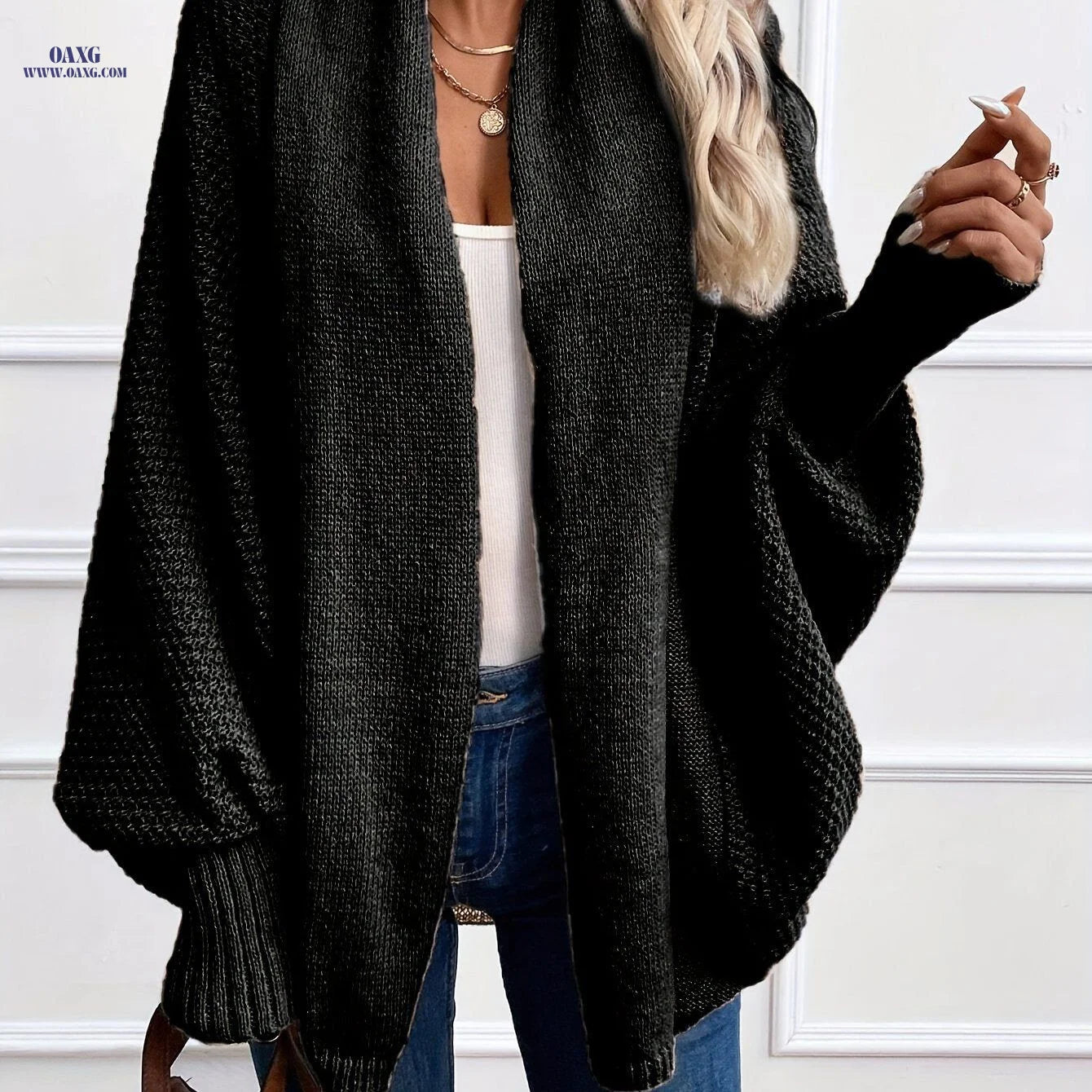 Batwing Sleeve Open Front Cardigan   OAXG Black / S