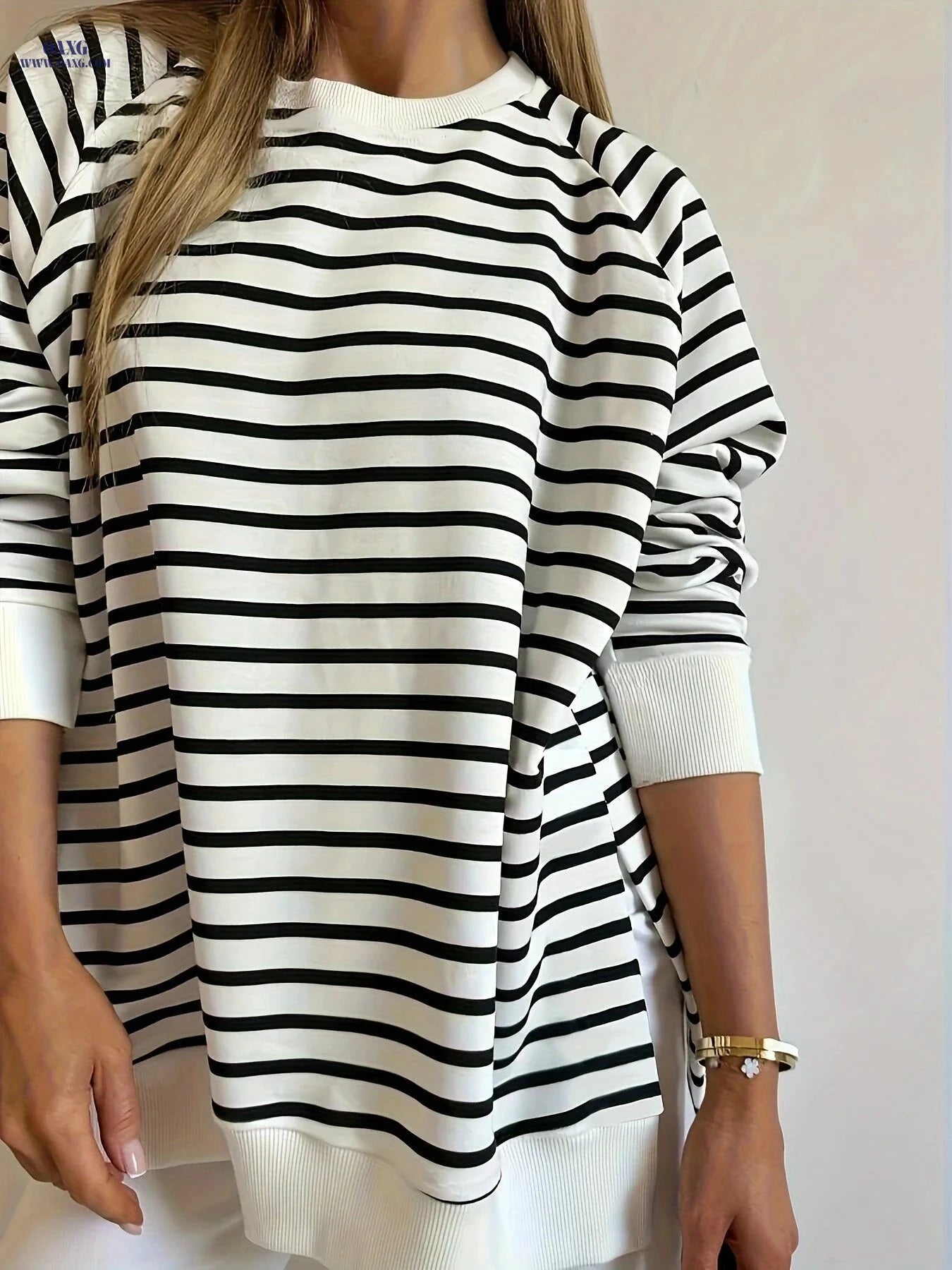 OAXG Black Stripe Raglan Sweatshirt - Loose Fit, Side Slits, Long Sleeve   OAXG 