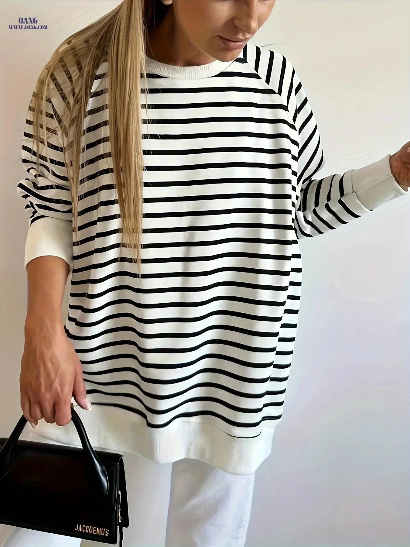 OAXG Black Stripe Raglan Sweatshirt - Loose Fit, Side Slits, Long Sleeve   OAXG 