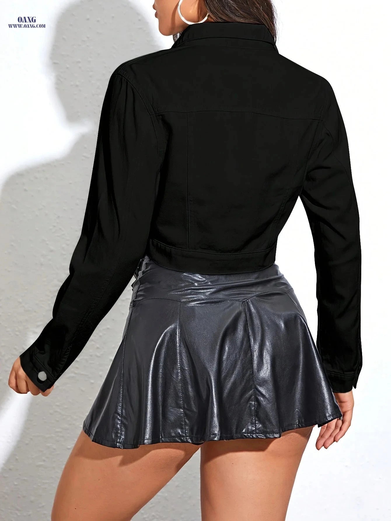 OAXG Black Women's Denim Jacket - Long Sleeve Casual Fashion   OAXG 