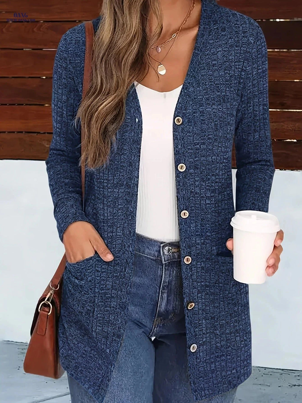 OAXG Buttoned V-Neck Coat - Elegant Pocket Design for Fall/Winter   OAXG Dark Gray / S