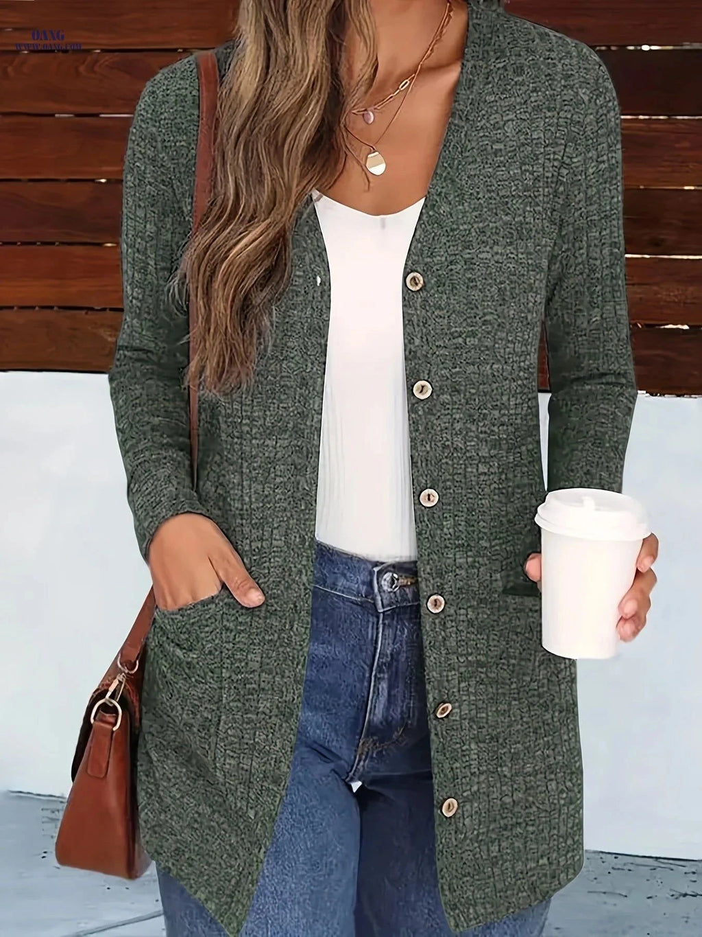 OAXG Buttoned V-Neck Coat - Elegant Pocket Design for Fall/Winter   OAXG Dark Gray / S