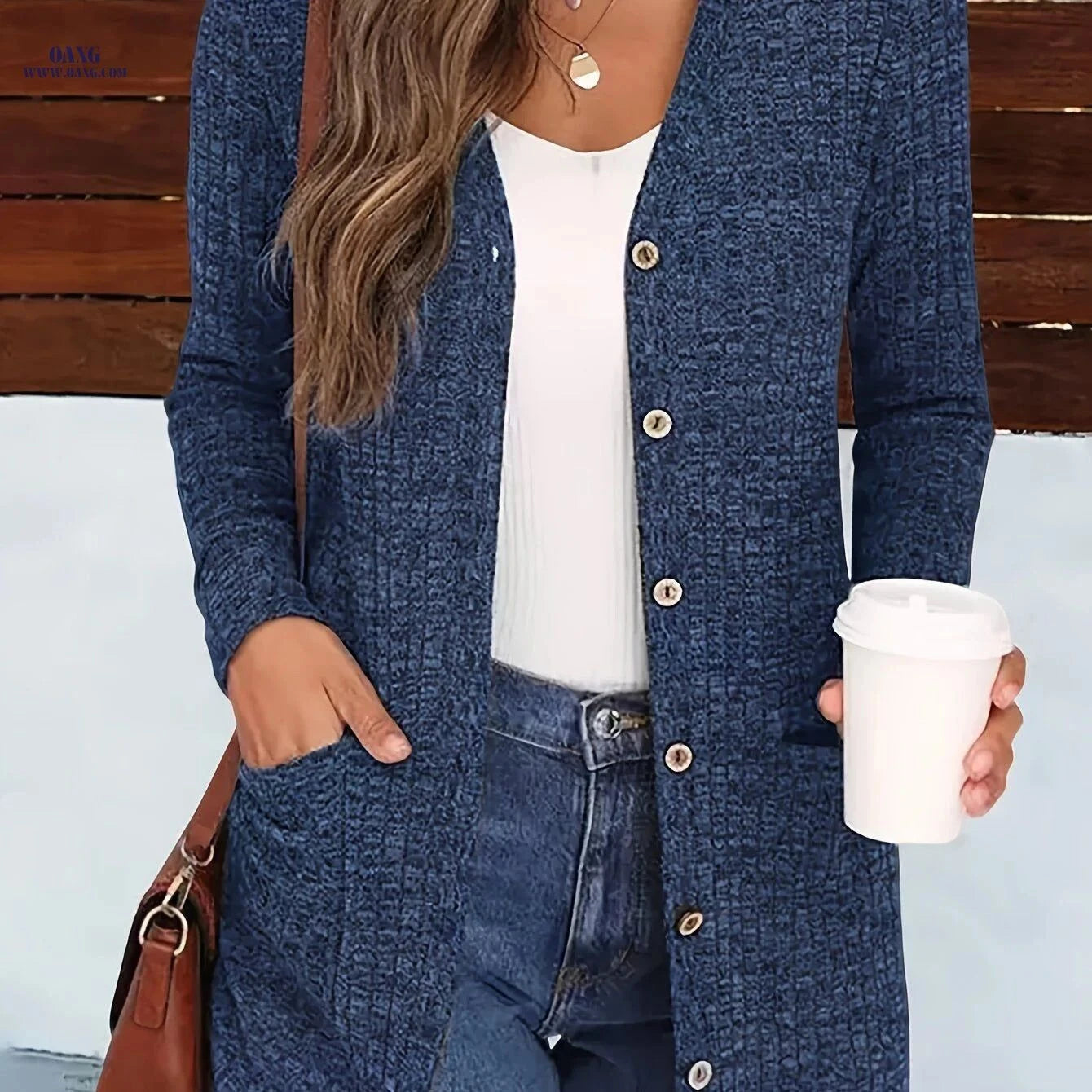OAXG Buttoned V-Neck Coat - Elegant Pocket Design for Fall/Winter   OAXG Dark Gray / S