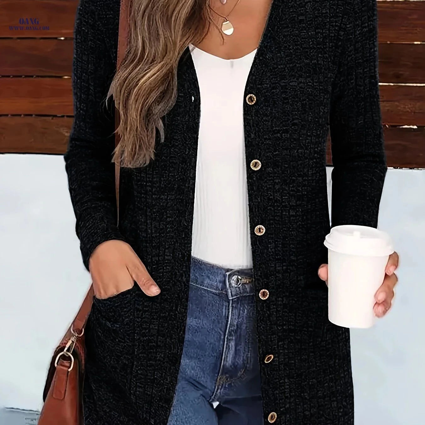OAXG Buttoned V-Neck Coat - Elegant Pocket Design for Fall/Winter   OAXG Dark Gray / S