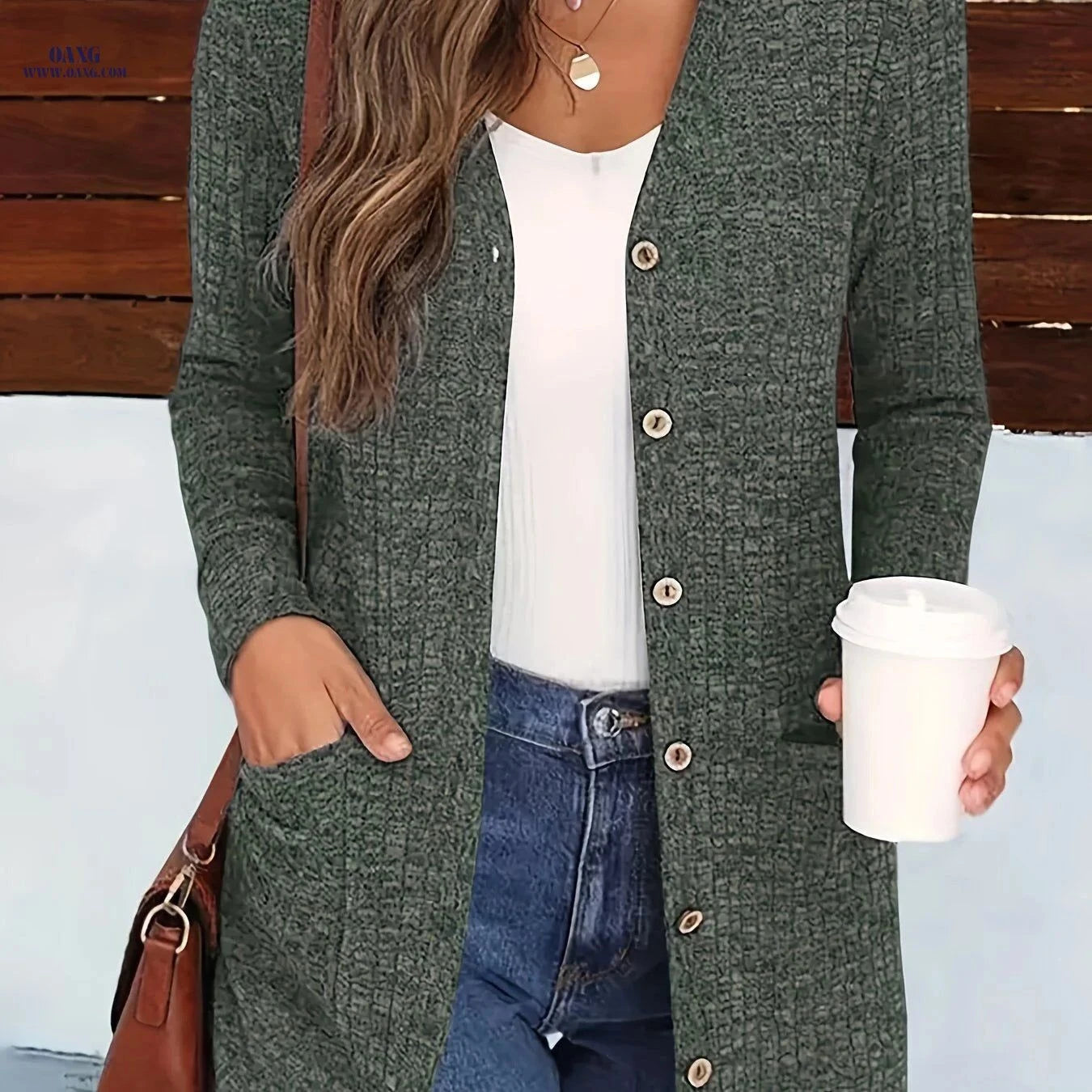 OAXG Buttoned V-Neck Coat - Elegant Pocket Design for Fall/Winter   OAXG Dark Gray / S