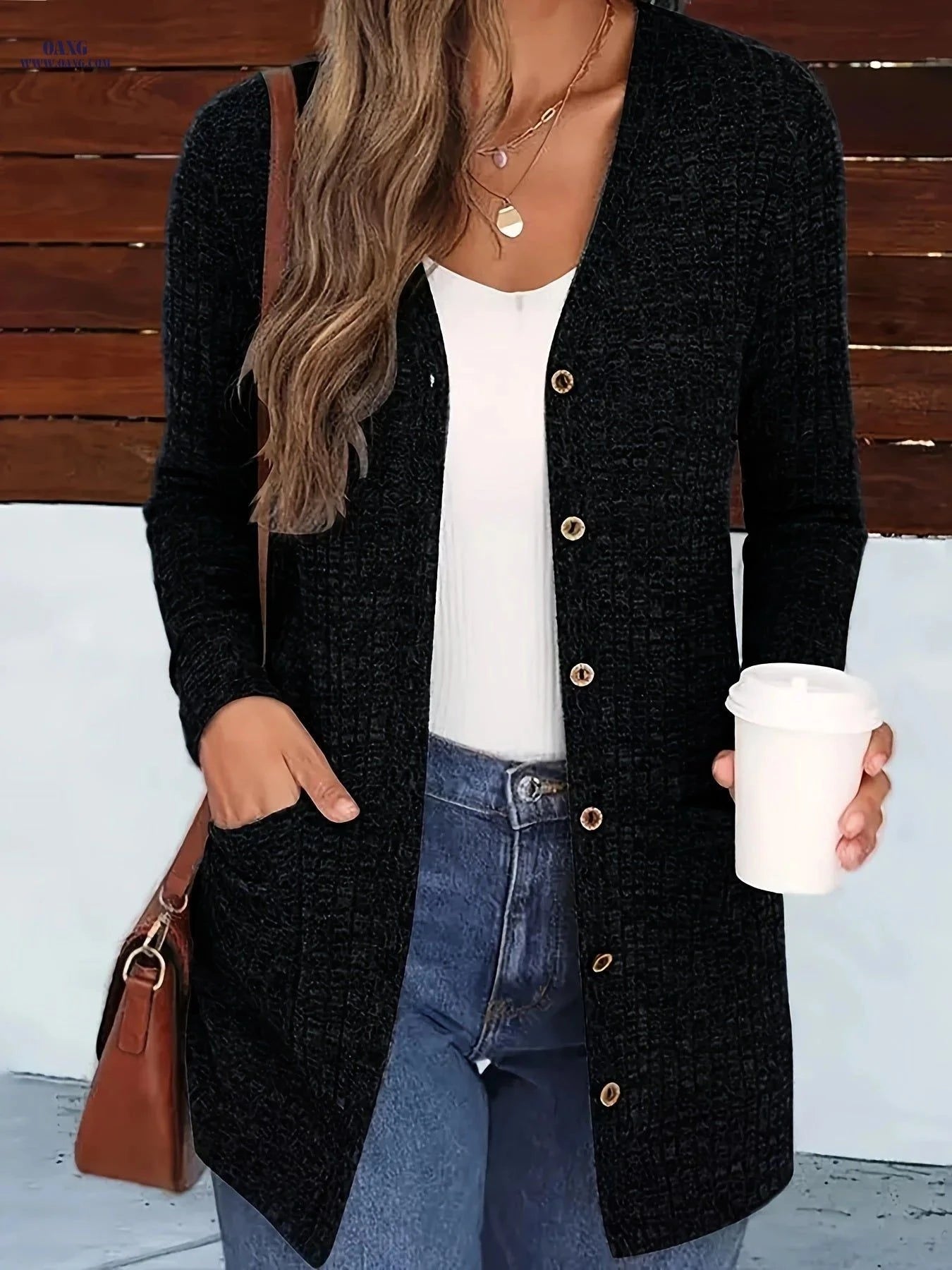 OAXG Buttoned V-Neck Coat - Elegant Pocket Design for Fall/Winter   OAXG Dark Gray / S
