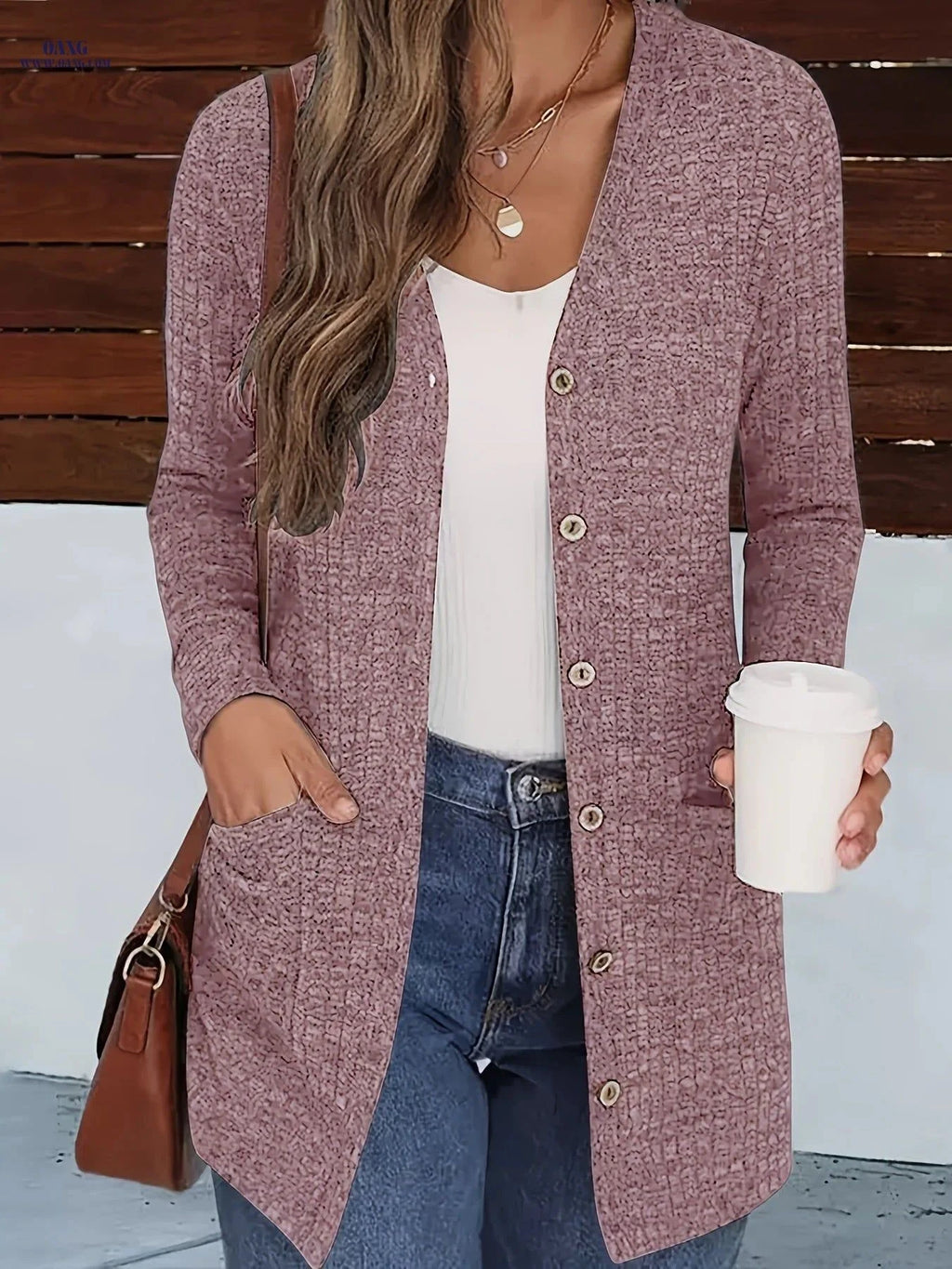 OAXG Buttoned V-Neck Coat - Elegant Pocket Design for Fall/Winter   OAXG Dark Gray / S