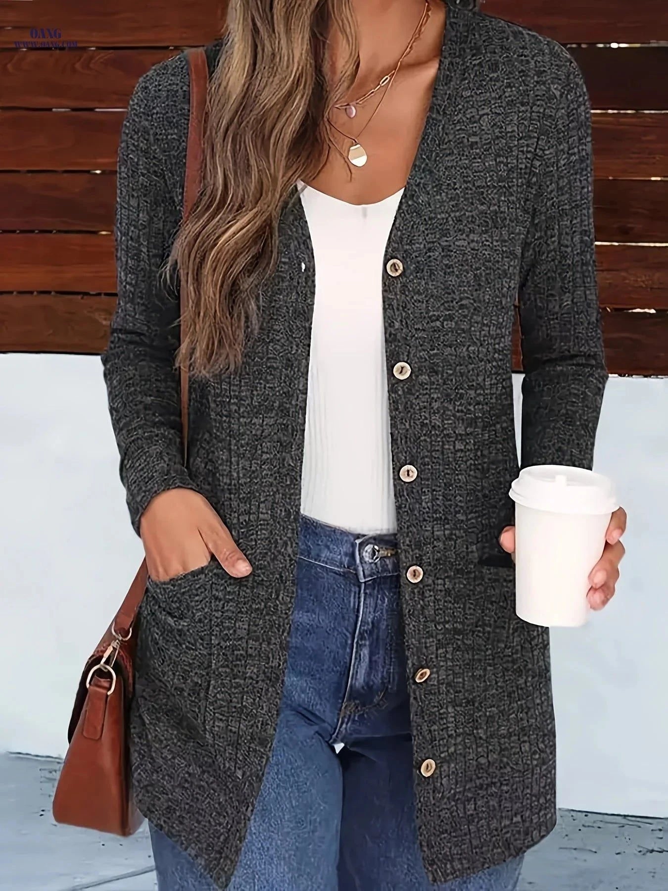 OAXG Buttoned V-Neck Coat - Elegant Pocket Design for Fall/Winter   OAXG Dark Gray / S
