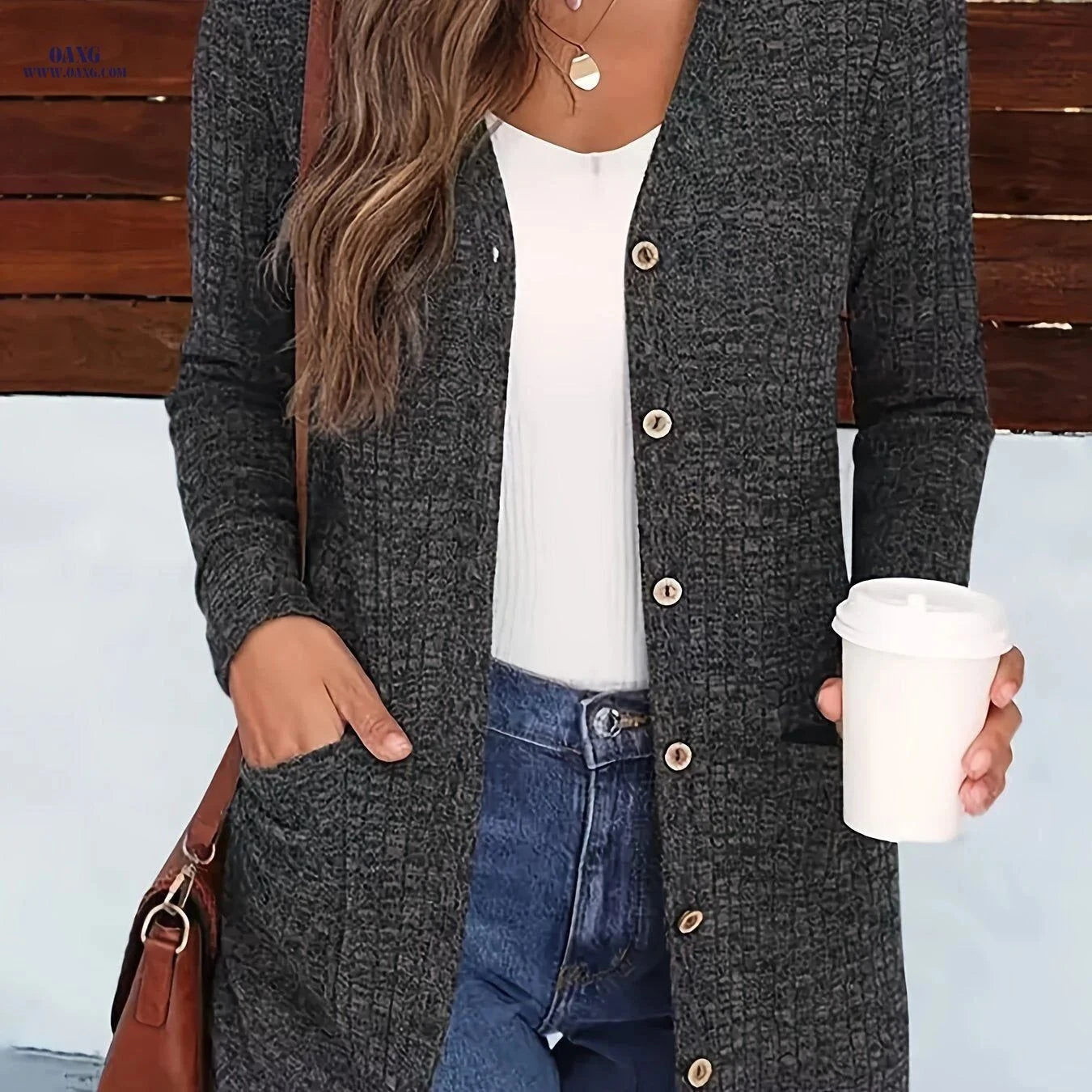OAXG Buttoned V-Neck Coat - Elegant Pocket Design for Fall/Winter   OAXG Dark Gray / S