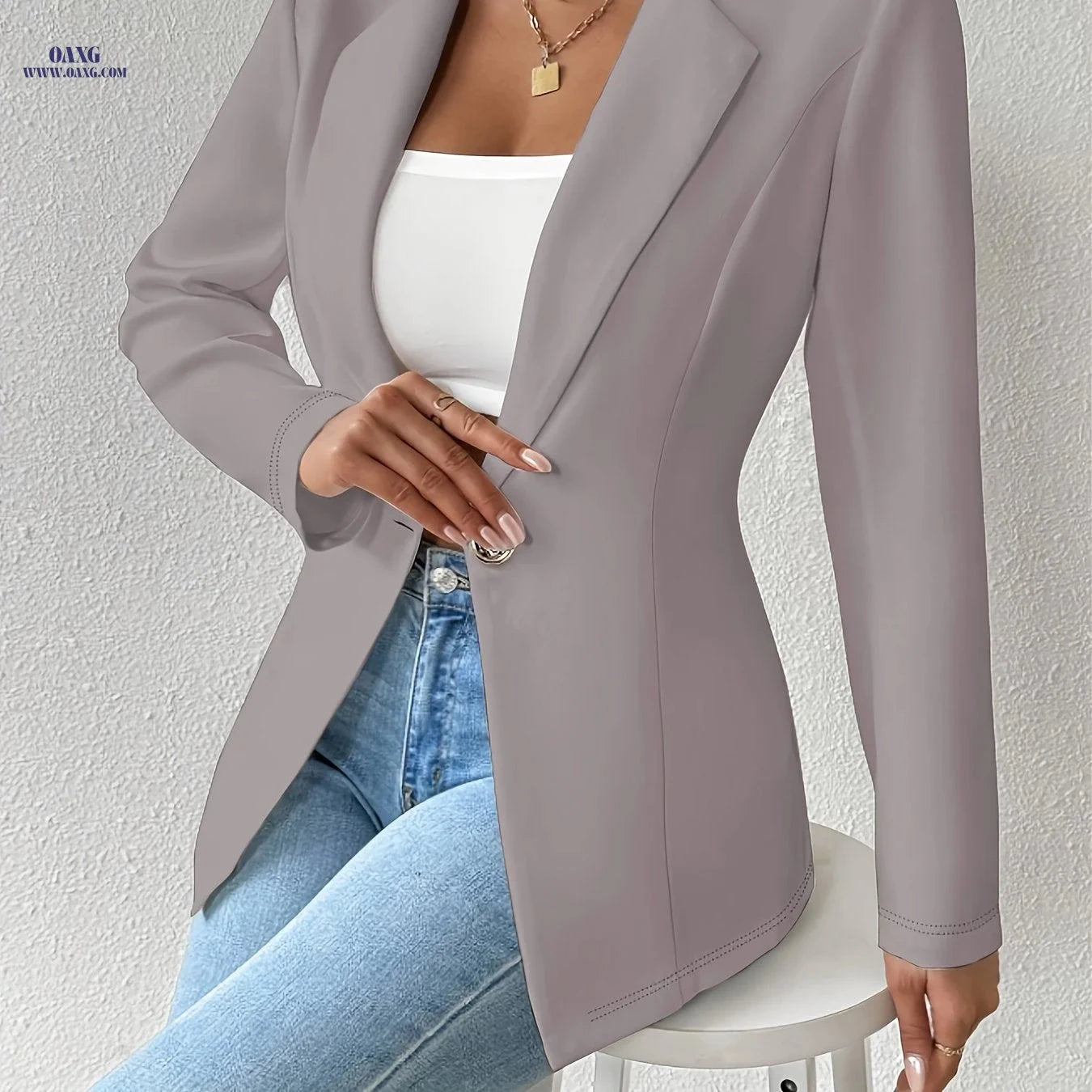 OAXG Casual Blazer - Solid Color Thin Long Sleeve with Lapel Collar   OAXG 