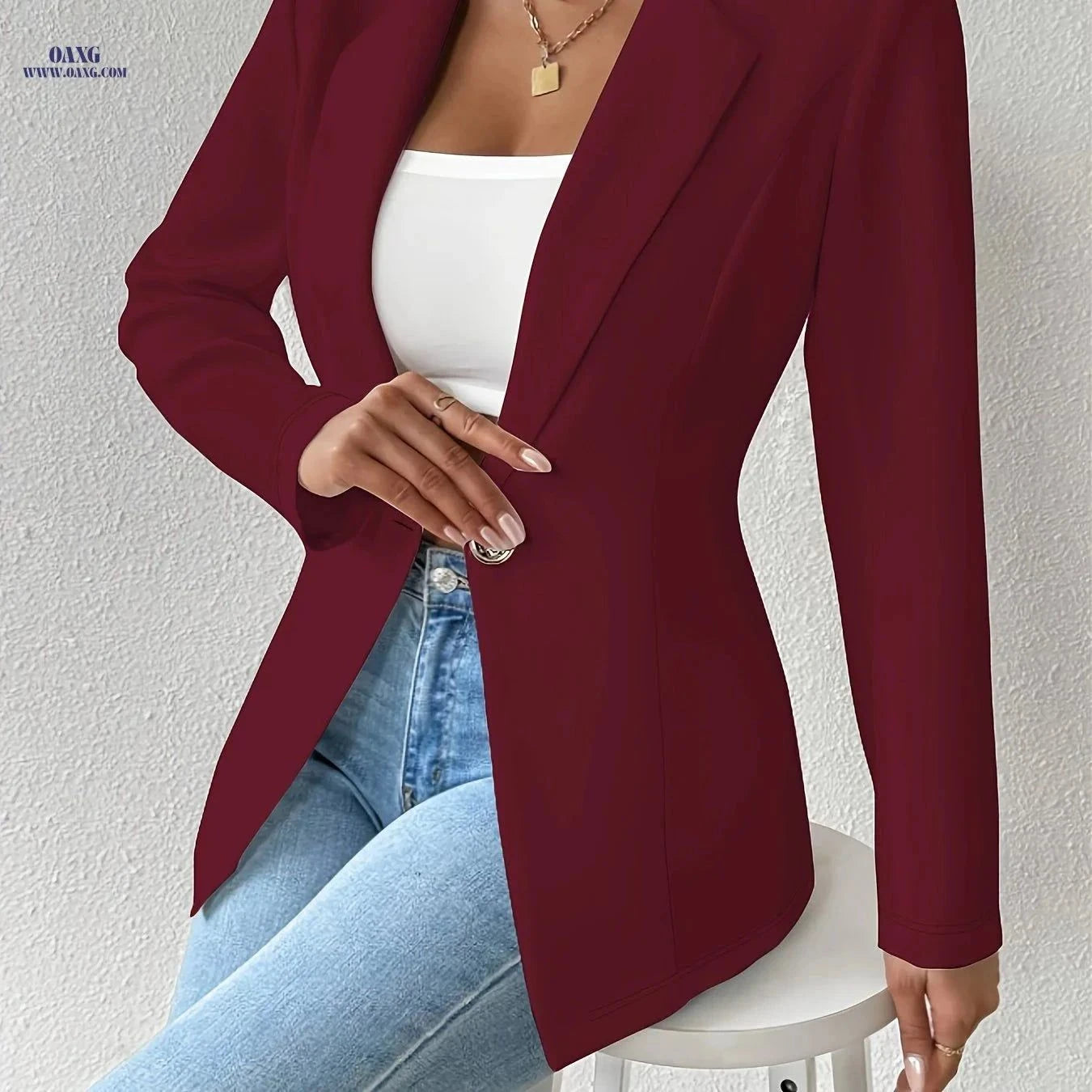 OAXG Casual Blazer - Solid Color Thin Long Sleeve with Lapel Collar   OAXG White / S