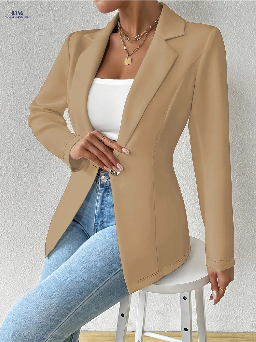 OAXG Casual Blazer - Solid Color Thin Long Sleeve with Lapel Collar   OAXG White / S