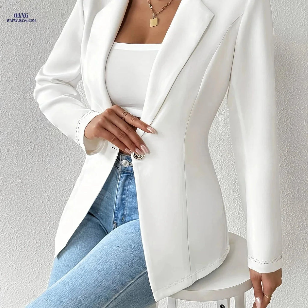 OAXG Casual Blazer - Solid Color Thin Long Sleeve with Lapel Collar   OAXG White / S