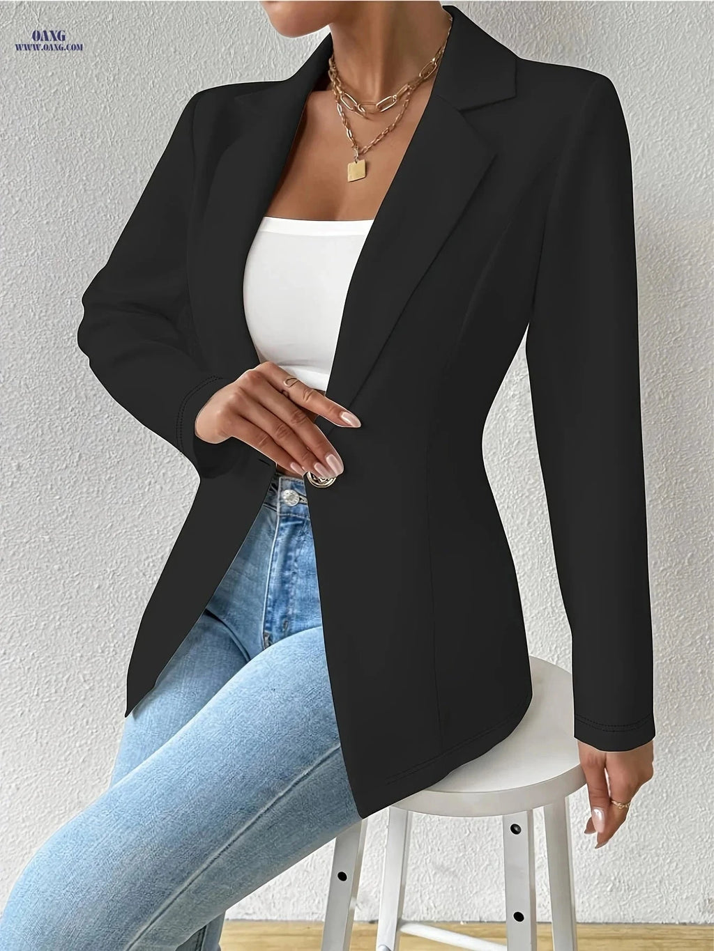 OAXG Casual Blazer - Solid Color Thin Long Sleeve with Lapel Collar   OAXG White / S