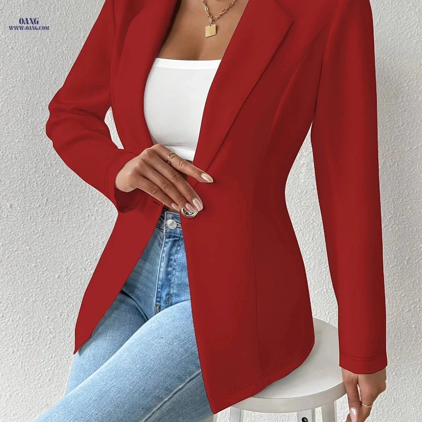 OAXG Casual Blazer - Solid Color Thin Long Sleeve with Lapel Collar   OAXG White / S