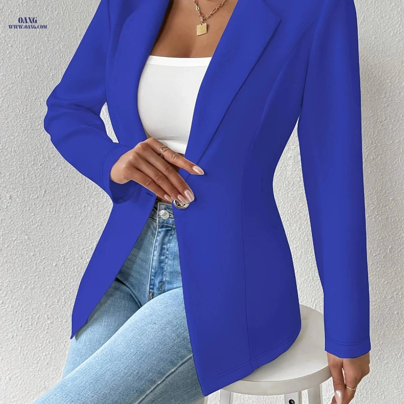 OAXG Casual Blazer - Solid Color Thin Long Sleeve with Lapel Collar   OAXG White / S