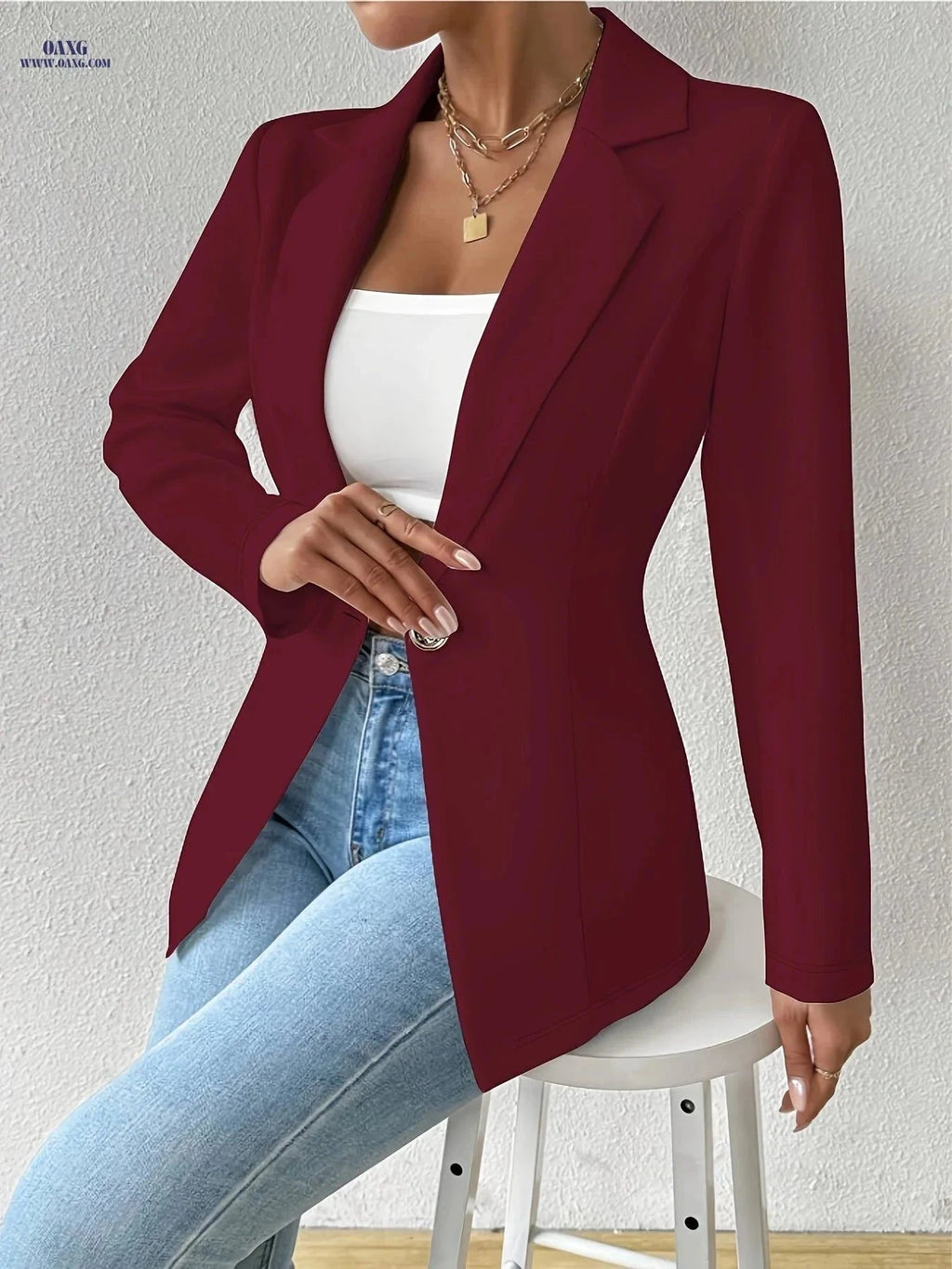 OAXG Casual Blazer - Solid Color Thin Long Sleeve with Lapel Collar   OAXG White / S