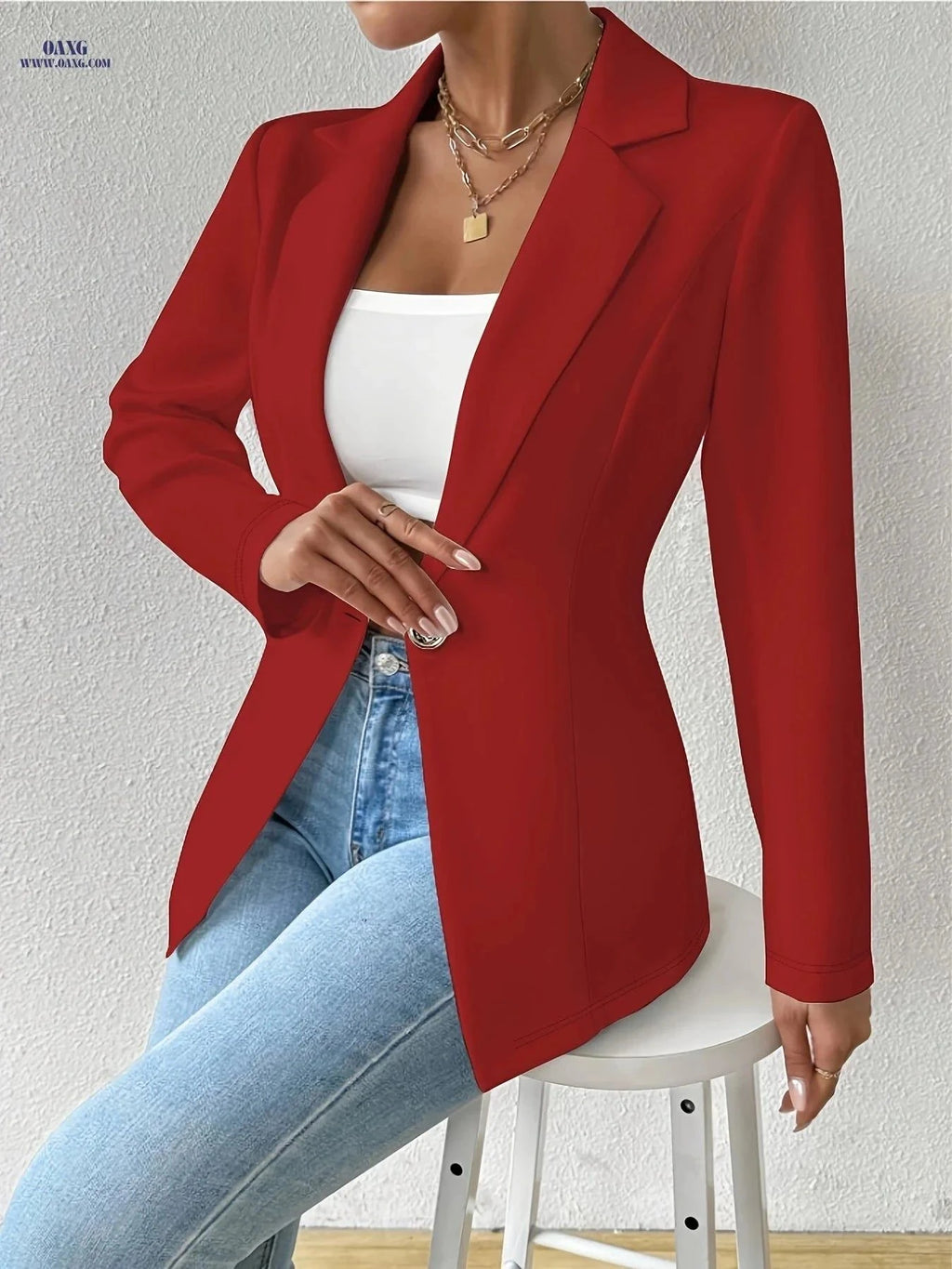 OAXG Casual Blazer - Solid Color Thin Long Sleeve with Lapel Collar   OAXG White / S