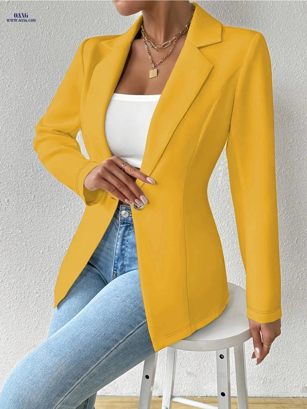 OAXG Casual Blazer - Solid Color Thin Long Sleeve with Lapel Collar   OAXG White / S