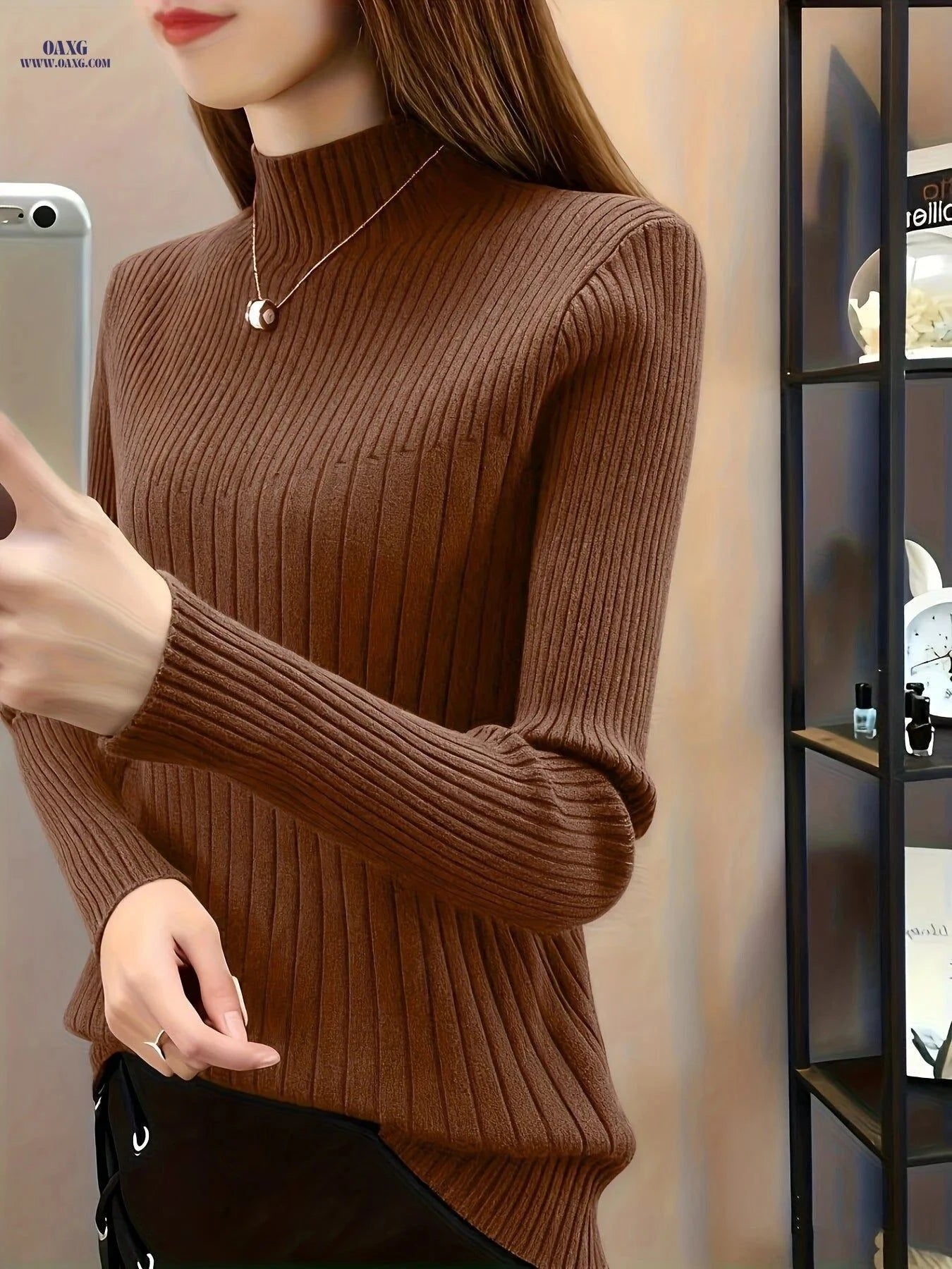 OAXG Casual Half-Turtleneck Sweater - High Elasticity, Solid Color   OAXG Grey / S