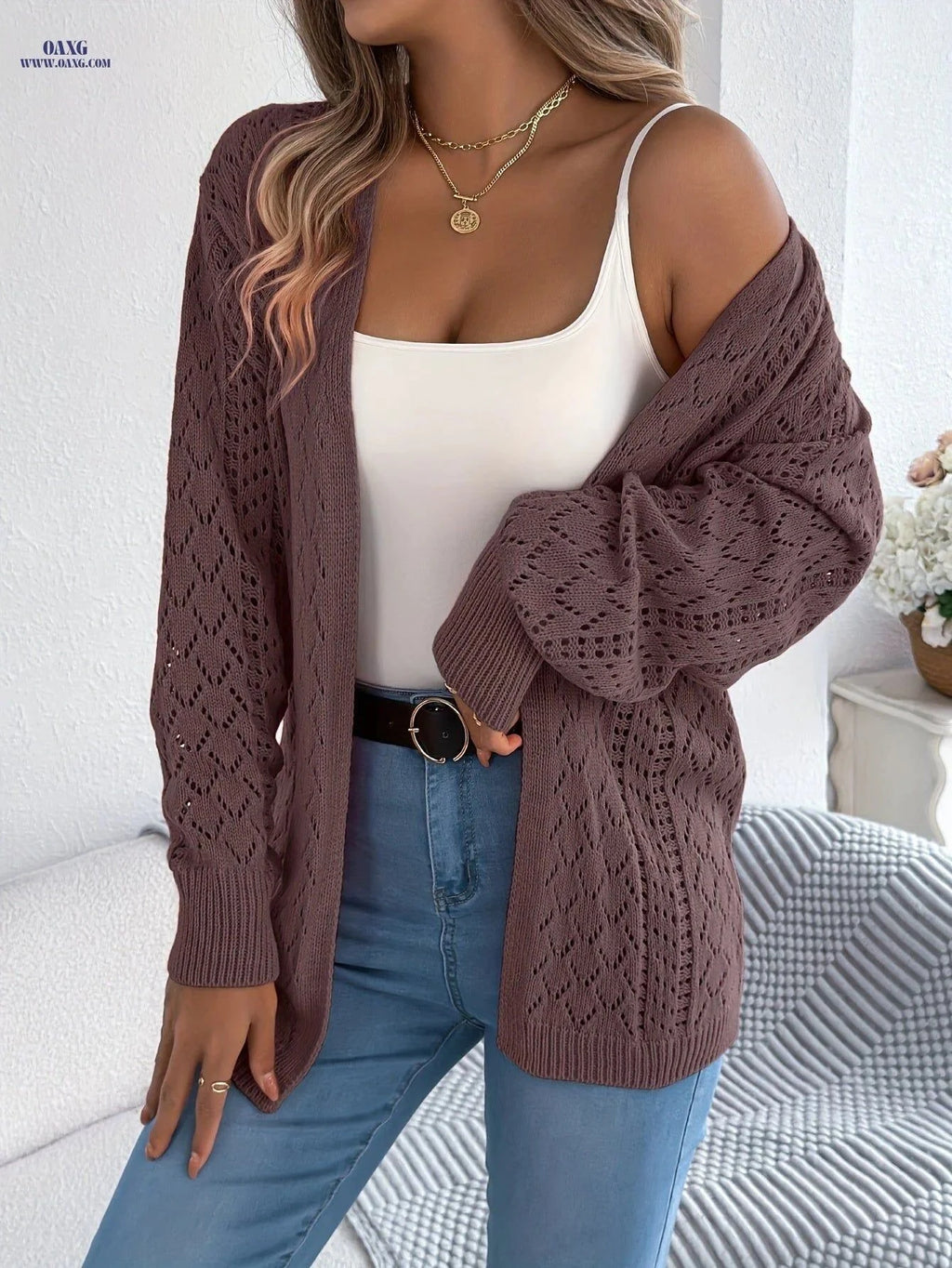 OAXG Casual Hollow Out Long Sleeve Cardigan - Women’s Autumn Sweater   OAXG White / S