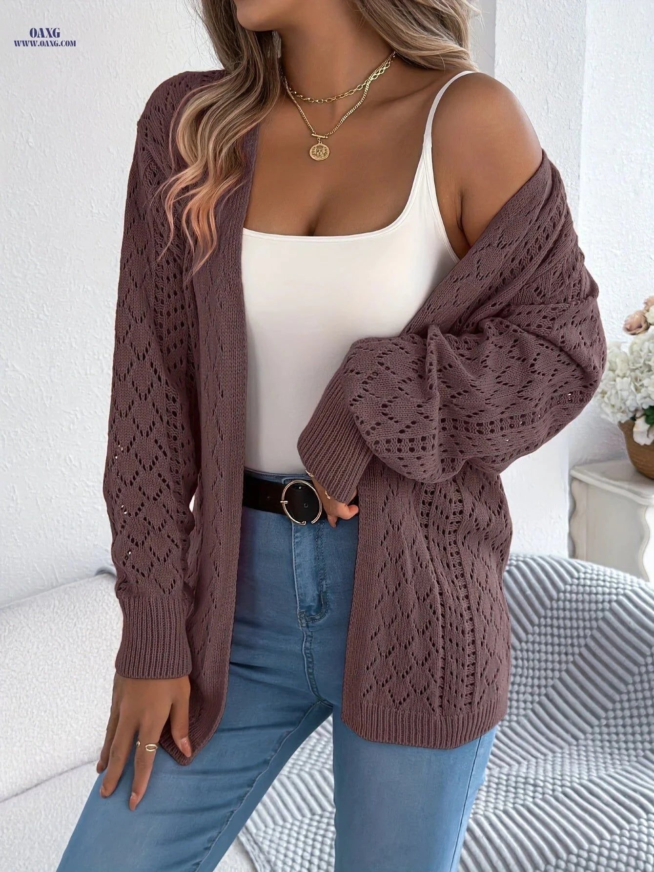 OAXG Casual Hollow Out Long Sleeve Cardigan - Women’s Autumn Sweater   OAXG White / S